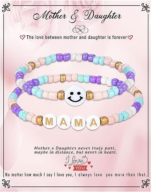 First Day of School Gifts Matching Bracelets for Women Girls Mother and Daughter Beaded Bracelet Multicolor Bead Stretch Back to School Gift I Love You Engraved Christmas Birthday Jewelry