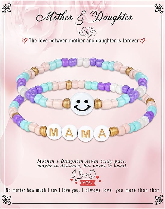 First Day of School Gifts Matching Bracelets for Women Girls Mother and Daughter Beaded Bracelet Multicolor Bead Stretch Back to School Gift I Love You Engraved Christmas Birthday Jewelry
