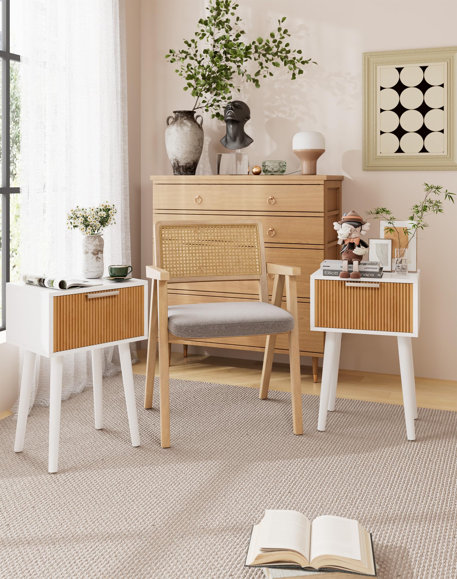 YMYNY Set di 2 Comodini, Tavolino in Legno, Cassetti decorati in ondulata, Maniglia magnetica, Gambe di legno massiccio, Catena di fissaggio, per Camera da Letto, Bianco e Naturel HST014WN-2