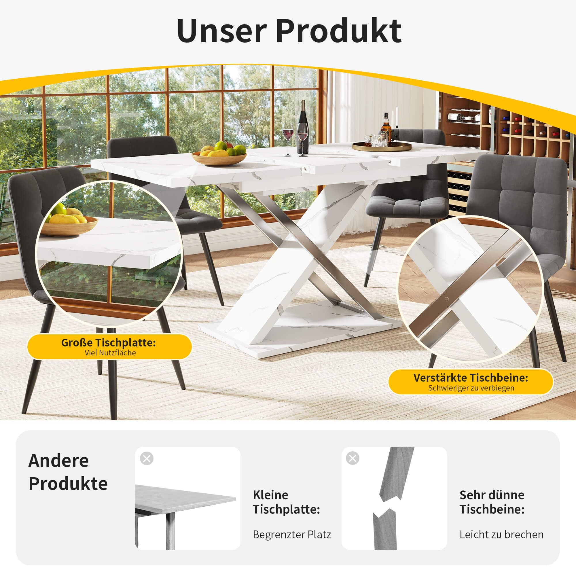 Esstisch Ausziehtisch (118/157×75cm), Küchen-Wohnzimmertisch, Anstecktisch, Ausziehbar auf 118-157cm mit Hilfe von Innenliegender Einlegeplatte, Esstisch mit Kreuzbeinen，Weiß & Silber