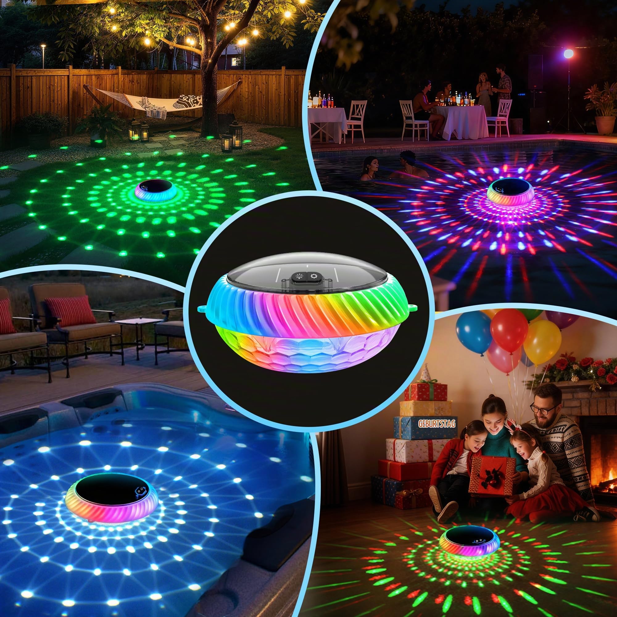 AearKing Poolbeleuchtung Schwimmende, RGB Pool Lichter Schwimmend Solar mit Fernbedienung, Pool Beleuchtung mit Lichtershow, IP68 wasserdichte Whirlpool Lichter Unterwasser LED für Pools – 2 Stück