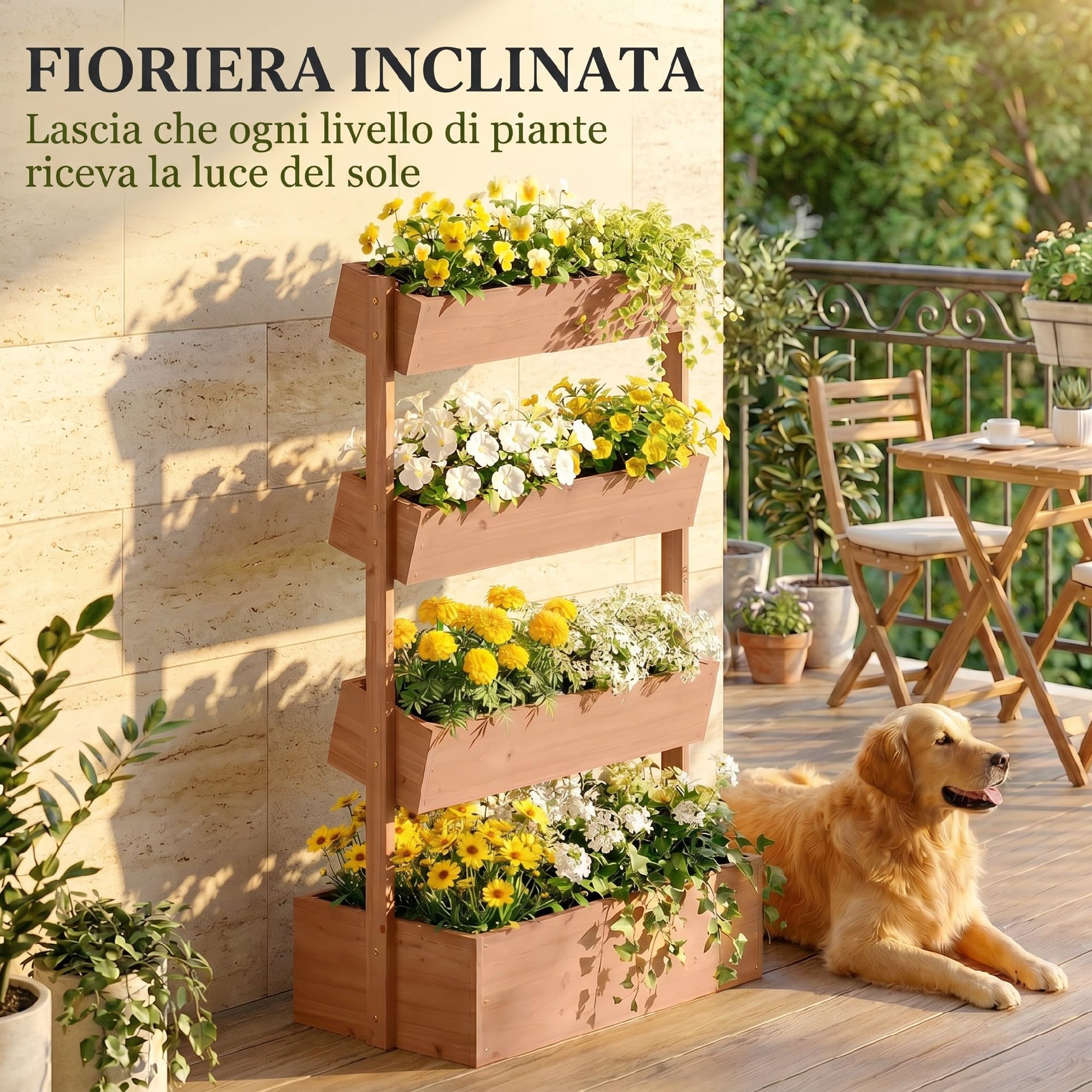 Outsunny Letto da Giardino Rialzato a 4 Livelli Fioriera Verticale in Legno per Esterni con Rivestimento in Tessuto Non Tessuto e Fori di Drenaggio per Verdure, Erbe e Fiori 85x45x140 cm Marrone