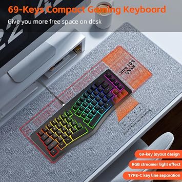 Yunseity Ergonomic Split Keyboard, Wired 69 Key with 18 Modes RGB Backlit Keyboard for Computer, Comfortable Keycaps, Shared Spaces, Split Design for Comfort Typing (Black)