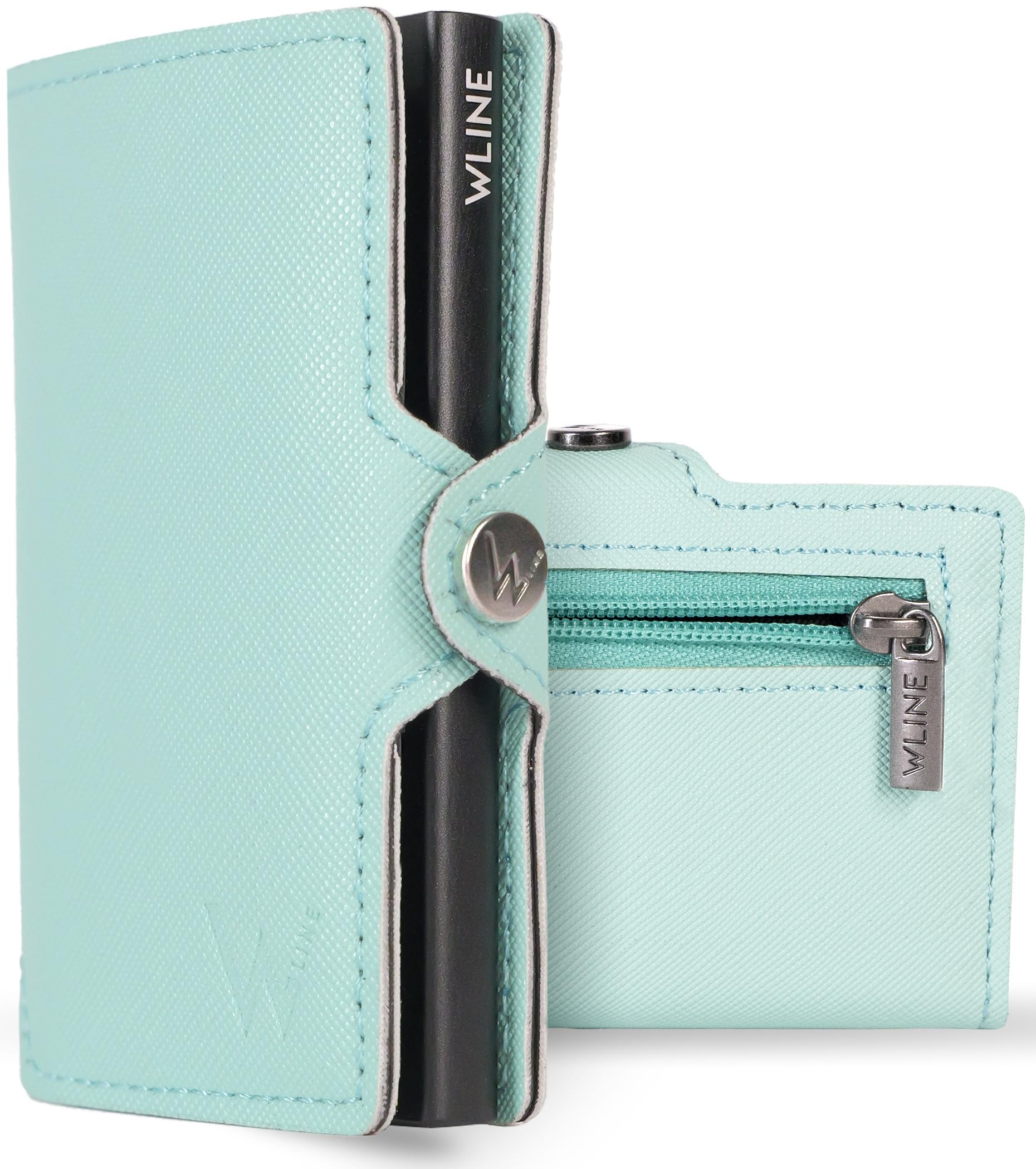 WLine Portafoglio Donna Piccolo con Portamonete Rfid Compatto ed Elegante - Porta Carte di Credito Donna e Uomo Schermato in Pelle PU - Portatessere Tascabile (Turchese e Nero Saffiano, Con Zip)