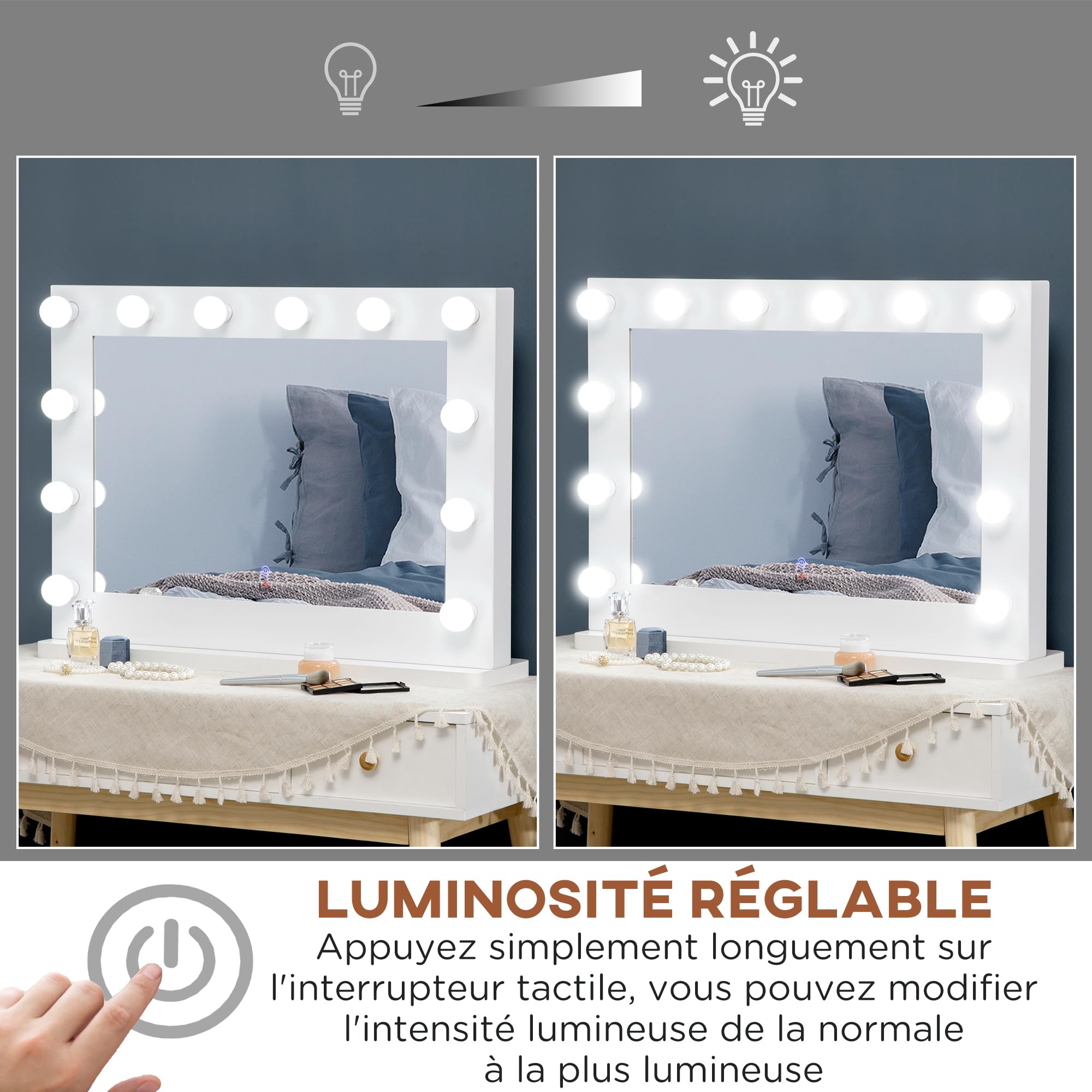 HOMCOM Miroir Maquillage Hollywood LED Lumineux Tactile 80 x 60 cm Blanc