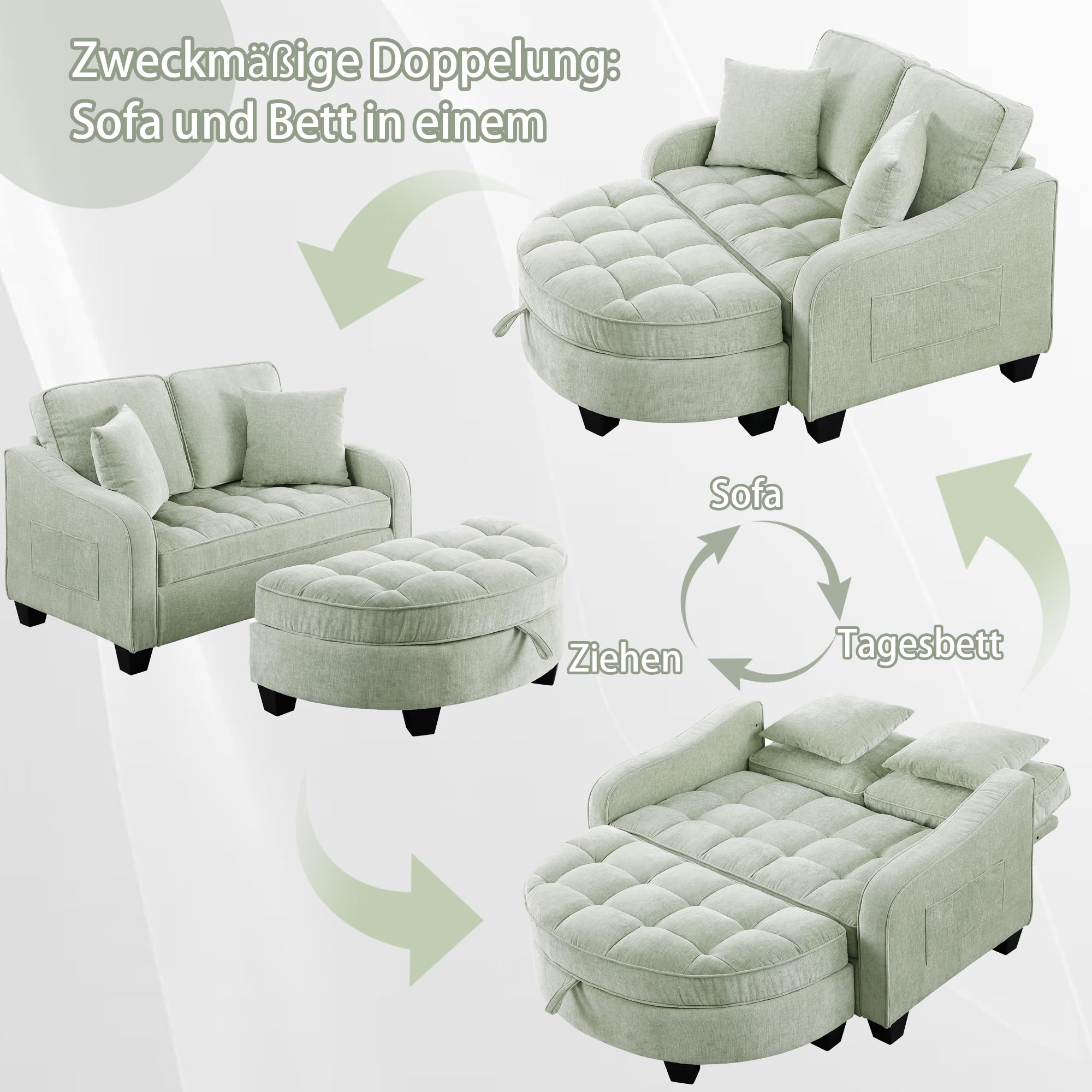 Sofa mit mit Aufbewahrungs-Hocker, Schlafsofa mit Verstellbarer Rückenlehne und Kissen, Klein Sofa, für kleine Wohnzimmer,Studienzimmer,Schlafzimmer,Grün