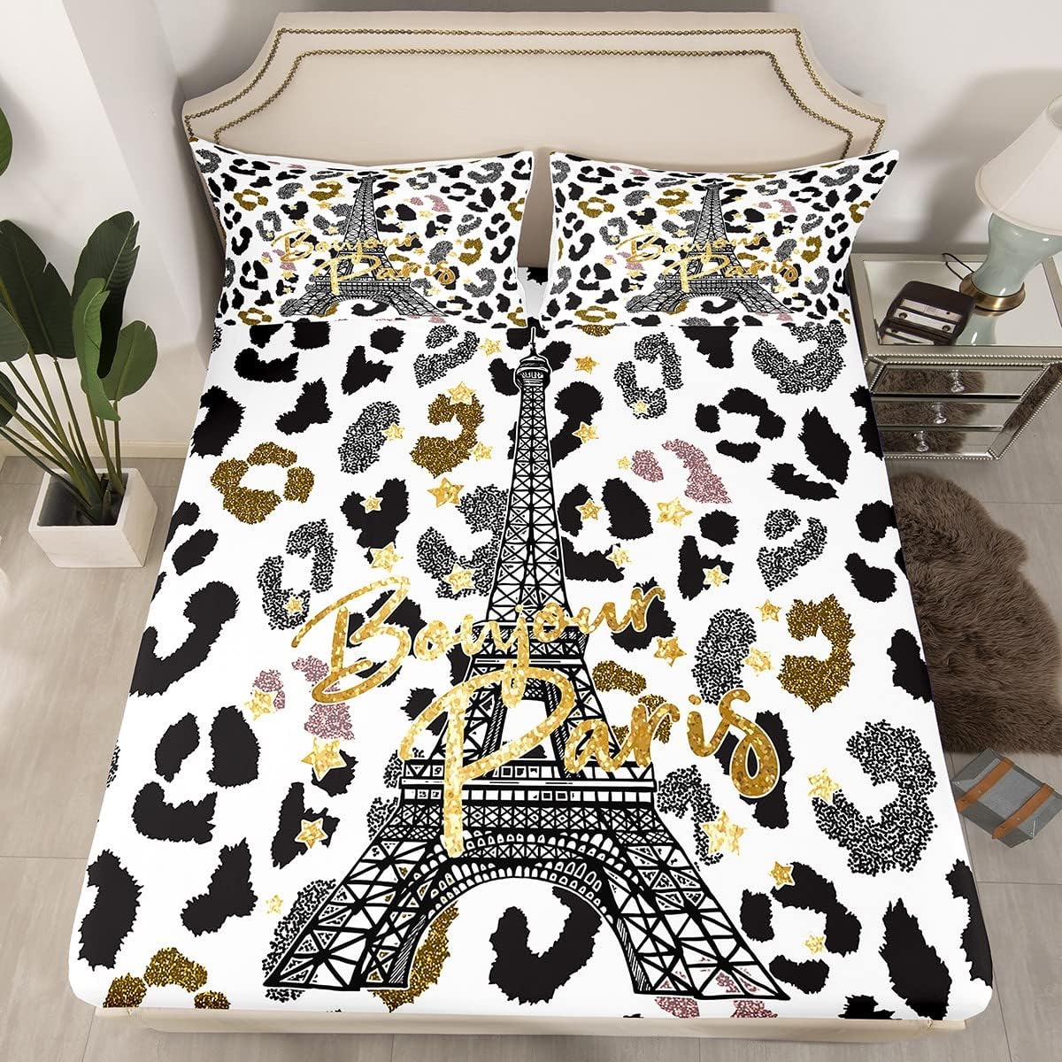 Feelyou Eiffel Tower Bed Sheet Set Leopard Print Bedding Sheets for Kids Boys Girls Paris Tower Bedding Fitted Sheet Cheetah Print Bed Cover 1 Bed Sheet Set with 1 Pillowcase Twin Size Multi