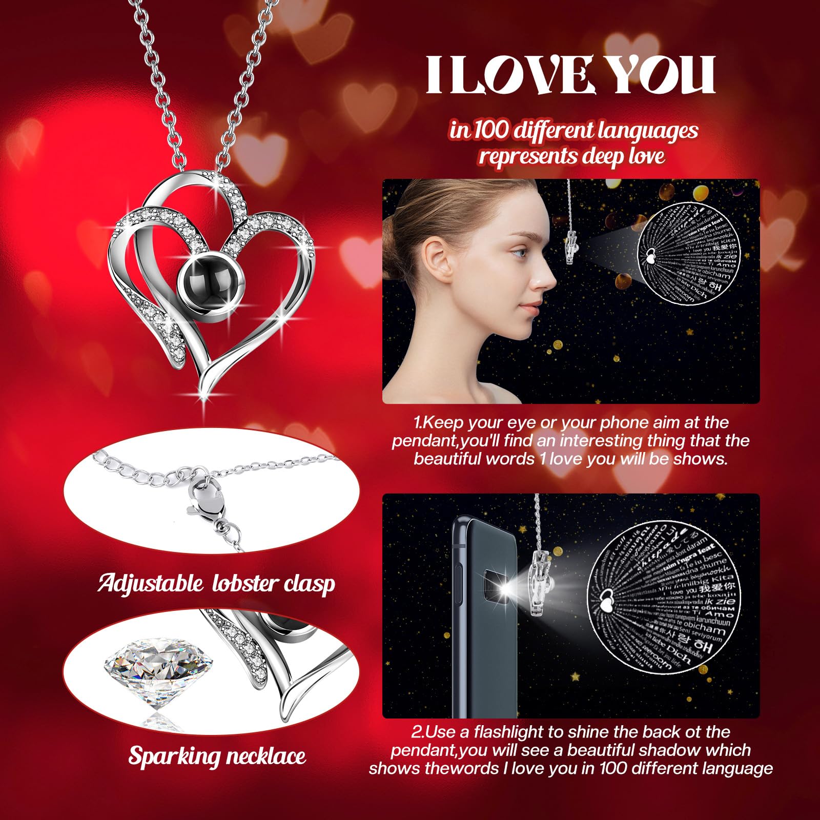 Pasuvsigt Mothers Day Mom Birthday Gifts for Women, Preserved Real Rose with I Love You Heart 100-Language Necklace, LED Lights & Music Box, Anniversary for Women Girlfriend Mom