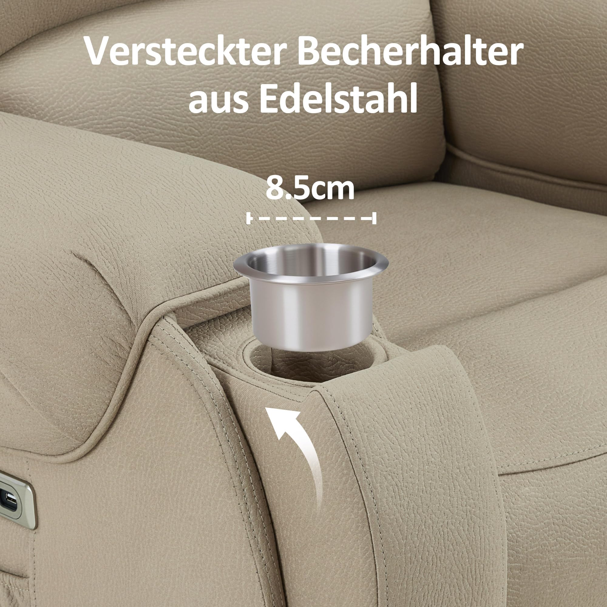 M MCombo Fernsehsessel mit Aufstehhilfe Elektrisch, mit Massage & Heizung, Relaxsessel mit Liegefunktion bis 145° 35D Vollschaum-Sitzkissen Versteckte Becherhalter 7252 (Mikrofaser, Beigebraun)