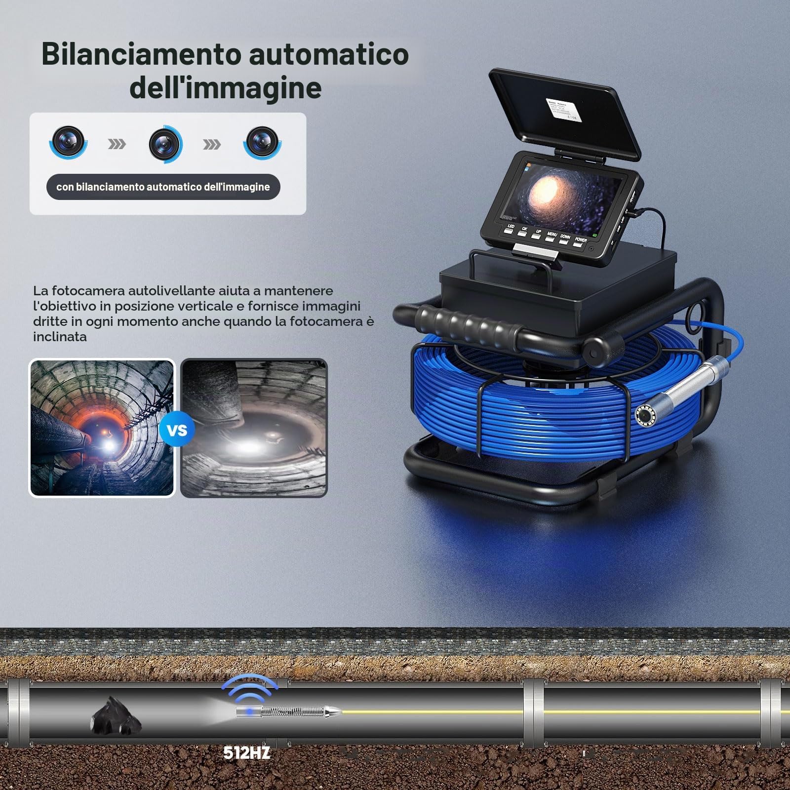 Telecamera Ispezione Tubi Kit, Sonda Telecamera Endoscopio con Trasmettitore 512 HZ e Autolivellamento, 5'' Endoscopio Professionale con Registratore DVR, IP68 Telecamera per Fognatura Impermeabile