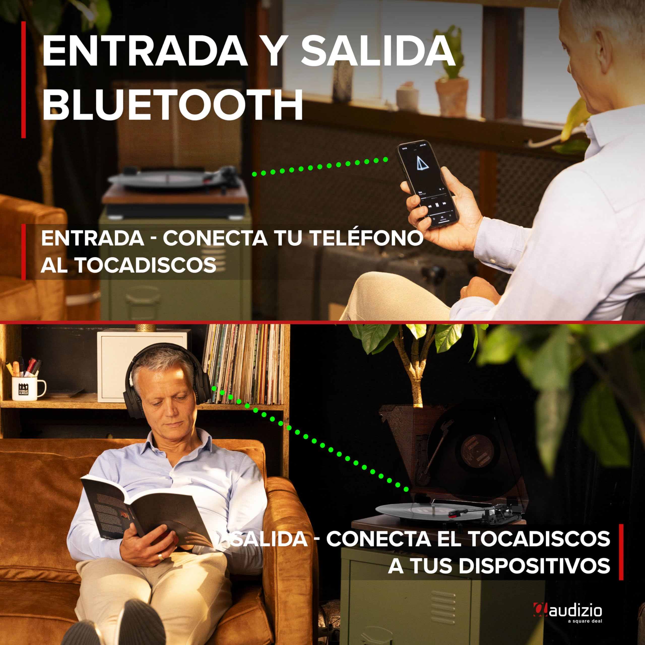 Audizio RP112L Tocadiscos de Vinilo Retro de Madera con Bluetooth, giradiscos de 3 velocidades, Apto para Todos los tamaños de Vinilo, se Conecta a un Altavoz Incorporado con Bluetooth, Salida RCA