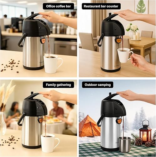 Miniatura 5 de Airpot - Dispensador de café térmico con bomba, 2.2L/74 onzas, aislado de acero inoxidable, gran jarra de café, palanca de acción para agua Bombas