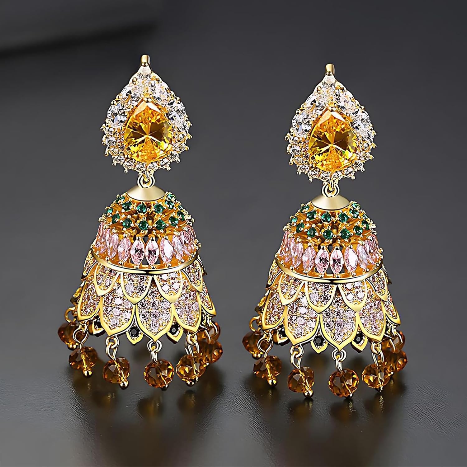 Gold Plated Bell Shaped Drop Earrings for Women, Indian Statement Dangle Earrings with Colorful Crystals, Wedding & Party Jewelry