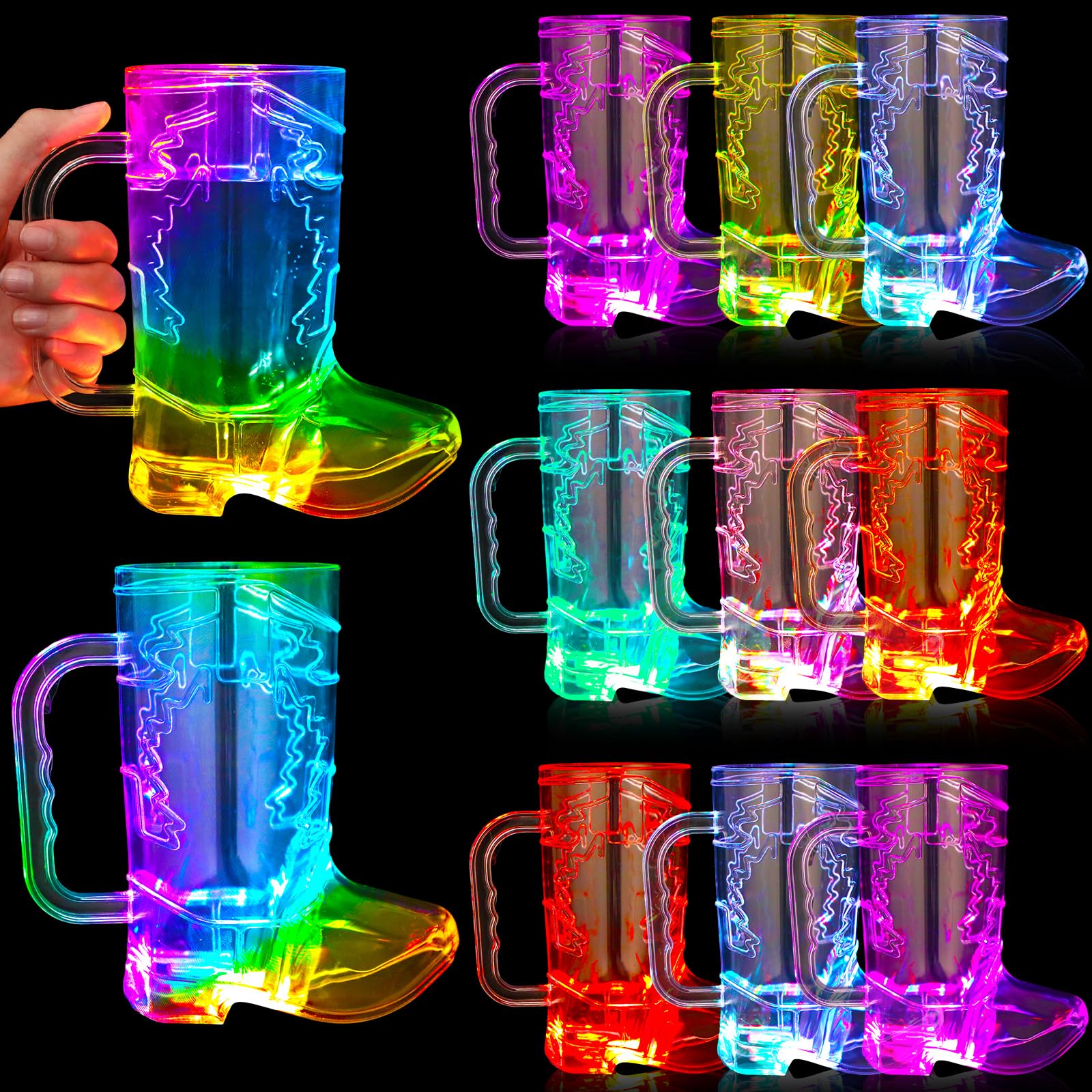 Sieral 12 Pcs Large Cowboy Boot Cups Light Up 16 oz LED Plastic Cowboy Shot Glasses Cowgirl Drink Mugs with Handle for Rodeo Birthday Party Western