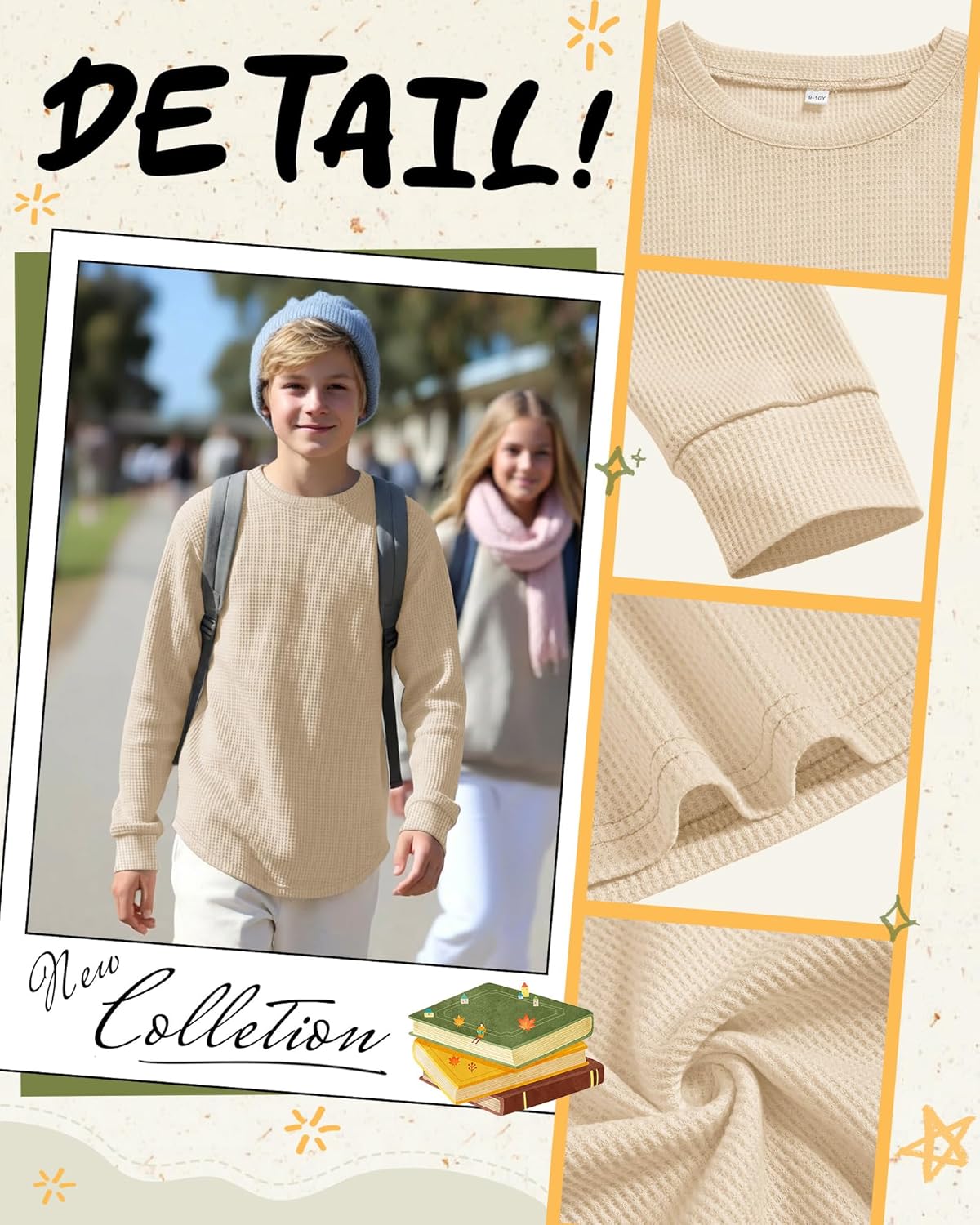 3 Pack Boy's Waffle Long Sleeve Shirts Thermal Crew Neck Cotton Blend Shirts with Curved Hem 3-16 Years - Image 3