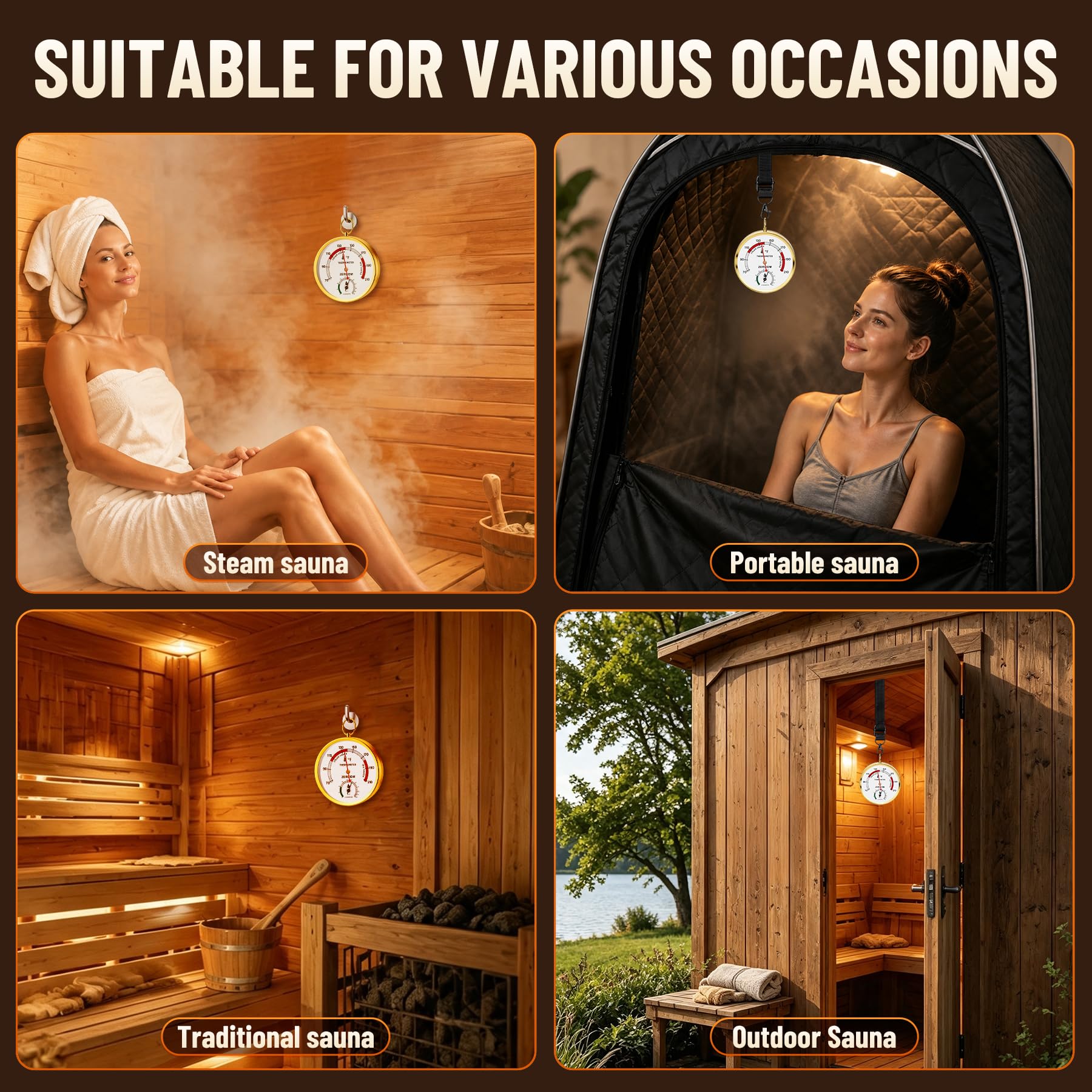 Termometro e igrometro per sauna in gradi Fahrenheit, 2 pezzi | Misuratore di umidità e umidità con supporto per sauna a vapore, infrarossi, esterni, interni, sauna domestica