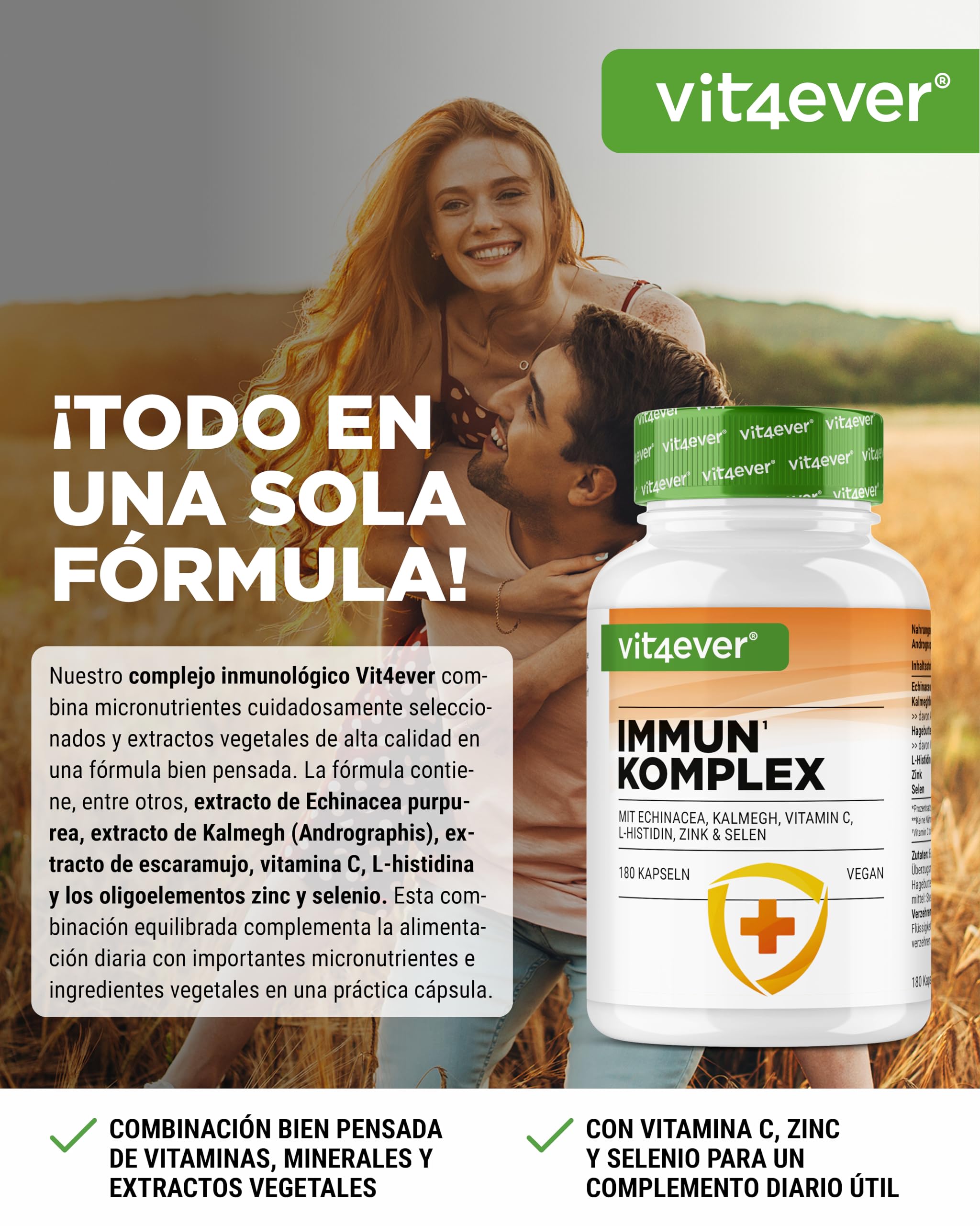 Complejo para el Sistema Inmunitario de alta dosis - 180 cápsulas para 90 días - 500 mg de Equinácea, Kalmegh, Escaramujo, Vitamina C, L-Histidina, Zinc y Selenio - Vegano, sin aditivos innecesarios