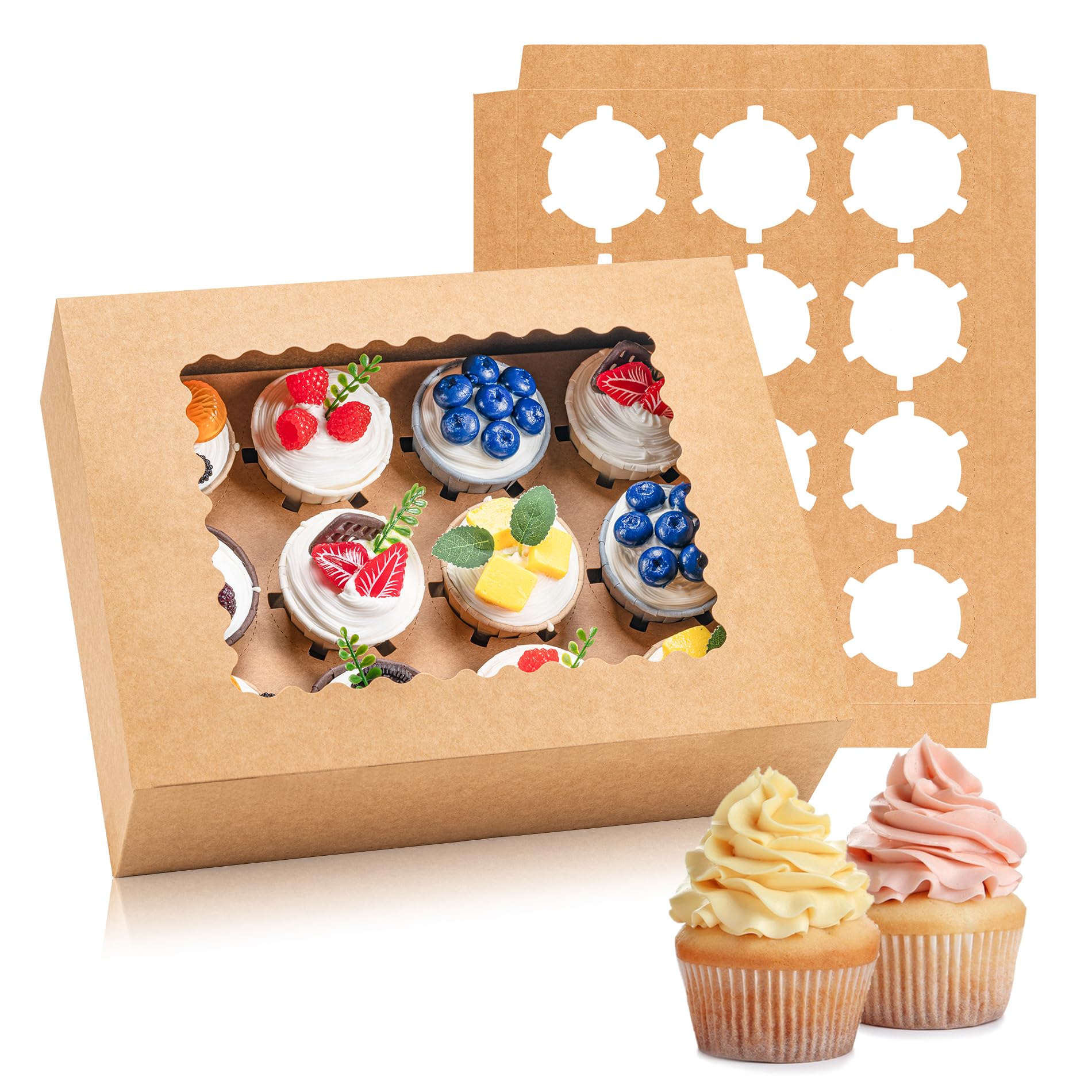 Hoewina 12PCS Cupcake Boxes - Hold 12 Count Cupcake Containers with Window, Food Grade Cupcake Holder Easy Transport and Presentation - Ideal for Cupcakes, Desserts, and More (Brown)