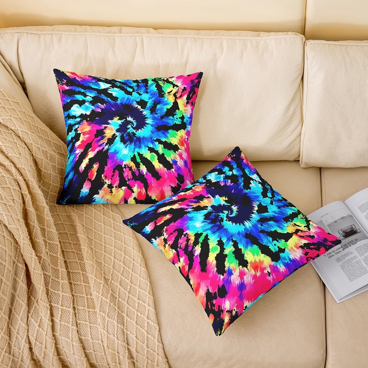 Erosebridal Bohemian Tie Dye Throw Pillow Covers 24x24, Hippie Spiral Soft Cushion Cases for Home Bed Sofa Couch, Boho Abstract Art Print Decorative Pillow Covers, Colorful Gypsy Trippy Pillow Covers