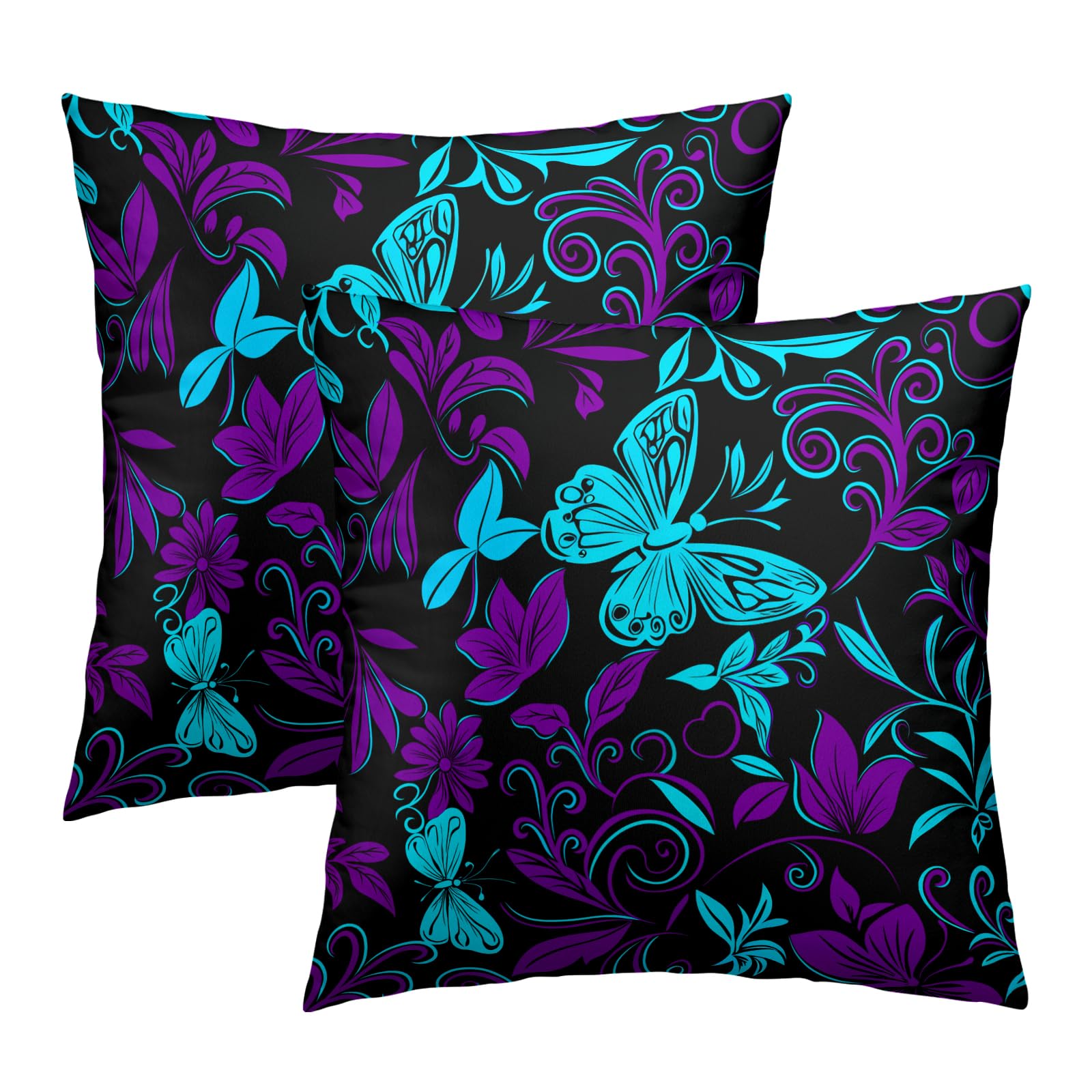 Granbey Teal Purple Butterfly Pillow Covers - Butterflies Throw Pillow Covers Floral Pillowcases Flowers Cushion Cover for Sofa Bedroom Patio 18x18