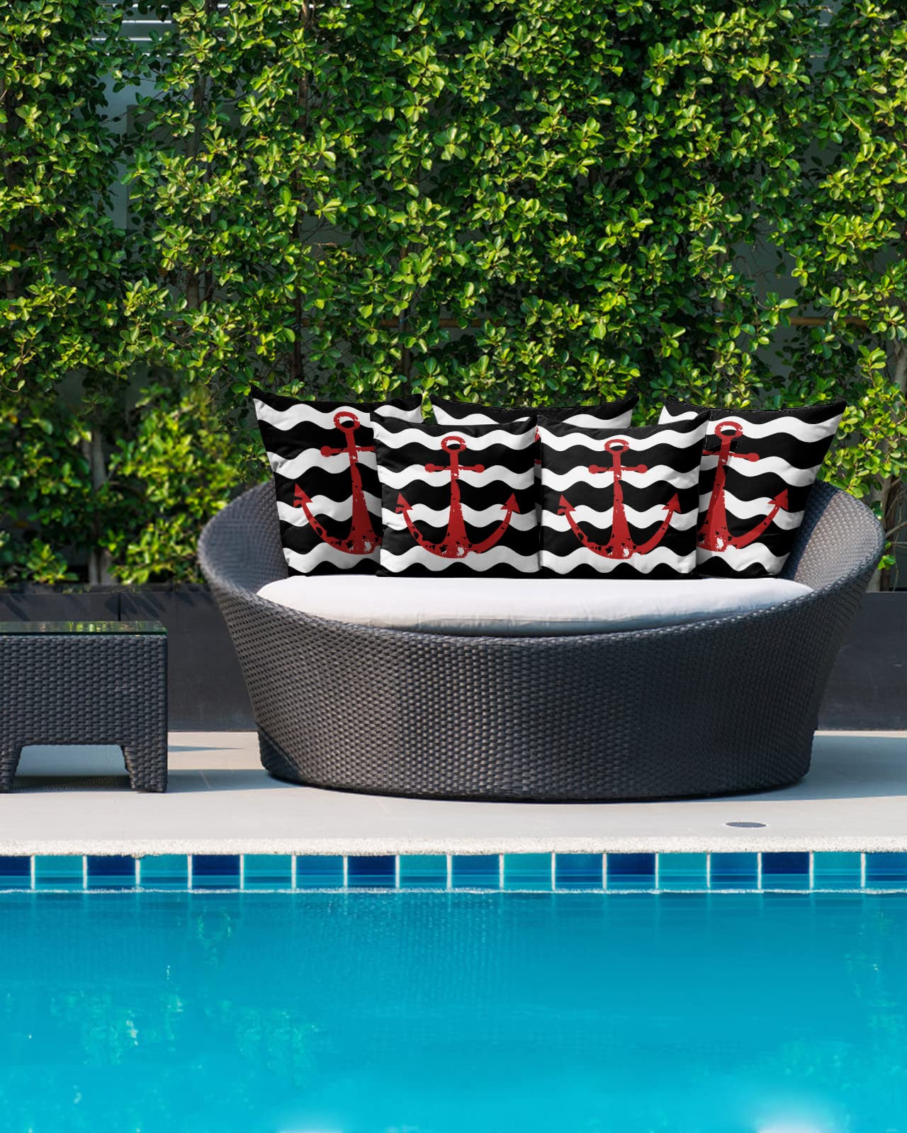 Outdoor Waterproof Throw Pillows Red Anchor Black White Wave Patio Pillows Pack of 2,Decorative Pillow Covers with Insert,Pillow Cushion Case for Garden Couch Sofa Nautical Theme Retro Ripples Line