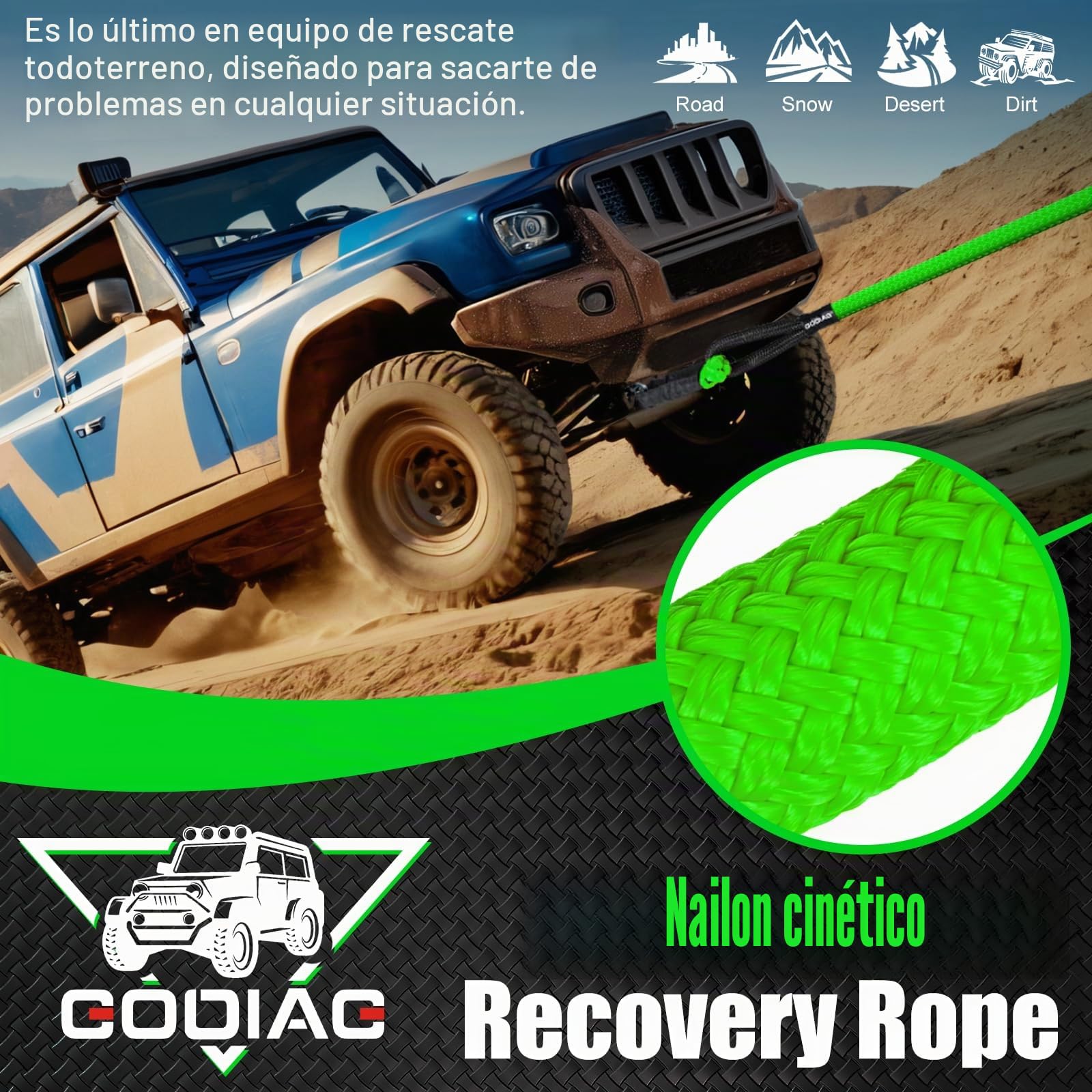 GODIAG Cuerda de Remolque para Coche Correa para Remolcar Vehículos con 2 Grilletes Suaves 1 par de Guantes de Algodón y Bolsa de Almacenamiento Cuerda de Recuperación para Coches Jeep Camión SUV, 9M