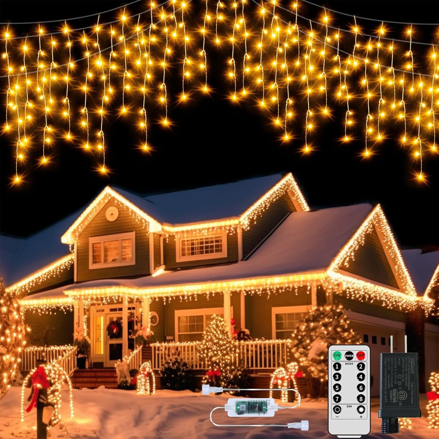 600LED Plug-in Christmas Icicle String Lights, 75Ft With Remote, 8 Modes Warm White Twinkle Fairy Waterproof for Terrace Wall Outdoor Decoration