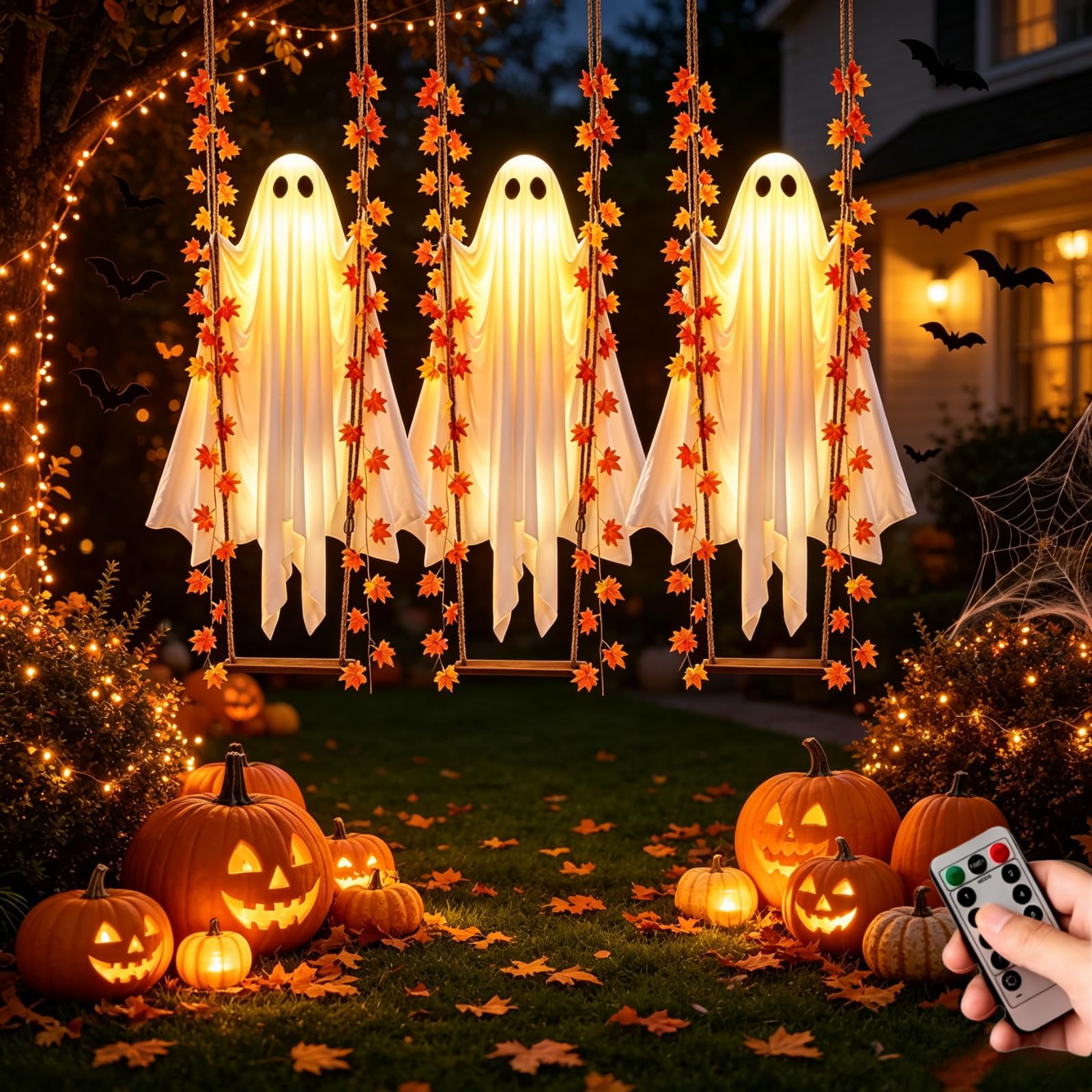Decorazione di Halloween con Fantasmi oscillanti da 1,8 m, Ornamento a Forma di Fantasma Illuminato, 3 Pezzi | con Altalena a Foglia d'Acero, Decorazione spettrale e Carina per INT