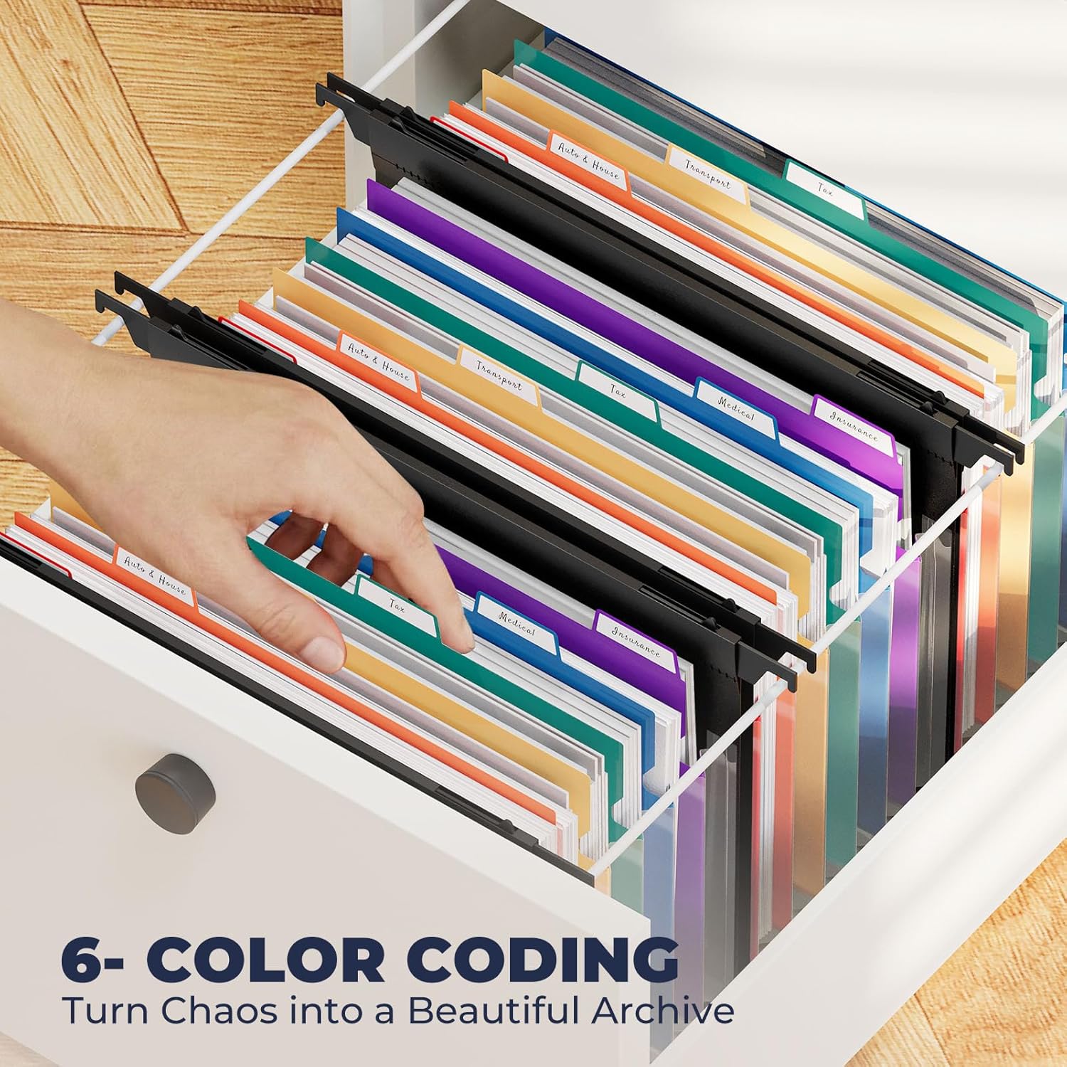SUIN Expanding Hanging File Folders, 7 Pockets Accordion Organizer, Letter Size 1.2" Expansion with Color Tabs for Filing Cabinets (6)