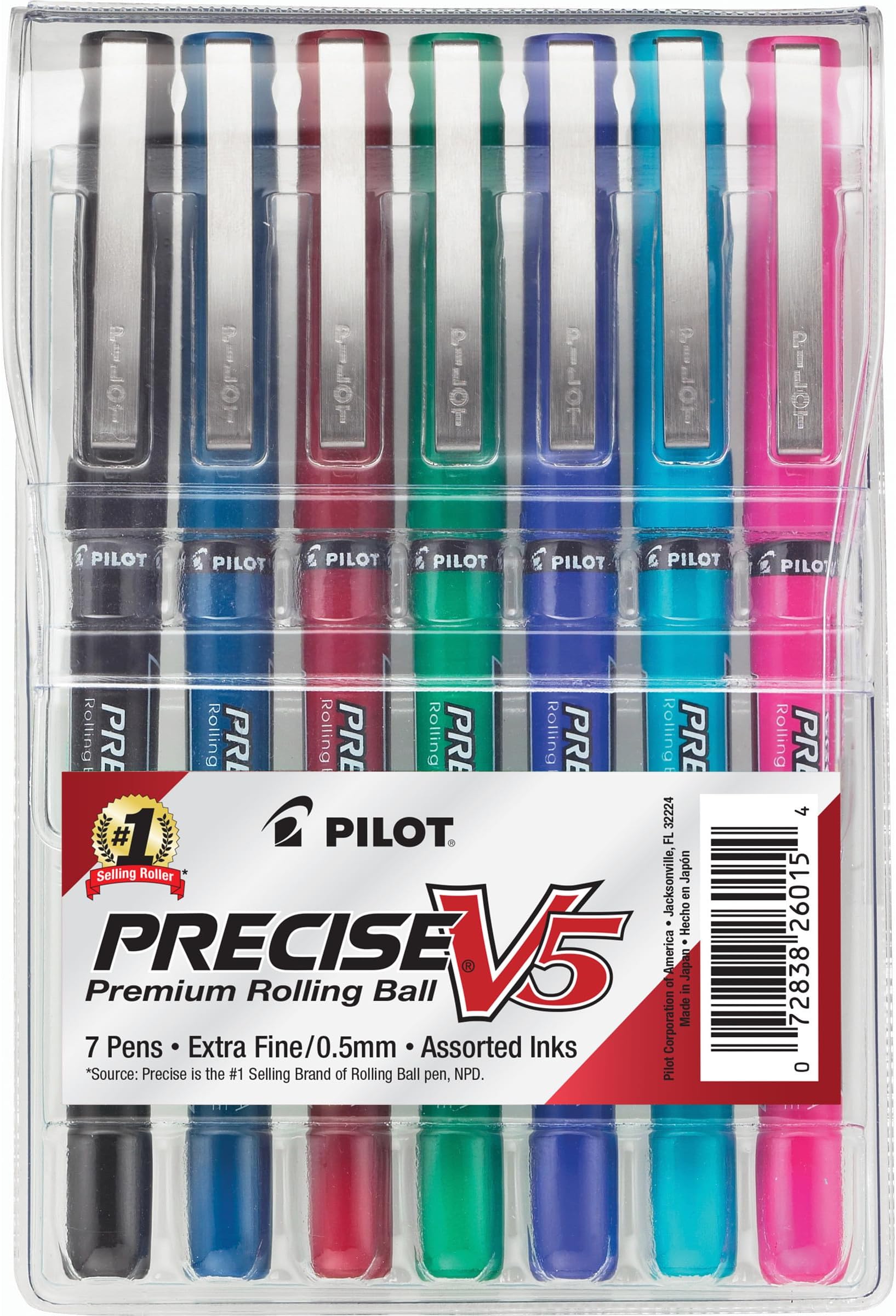 PILOT Precise V5 Stick Liquid Ink Rolling Ball Stick Pens, Extra Fine Point (0.5mm) Assorted Ink Colors, 7-Pack Pouch (26015)