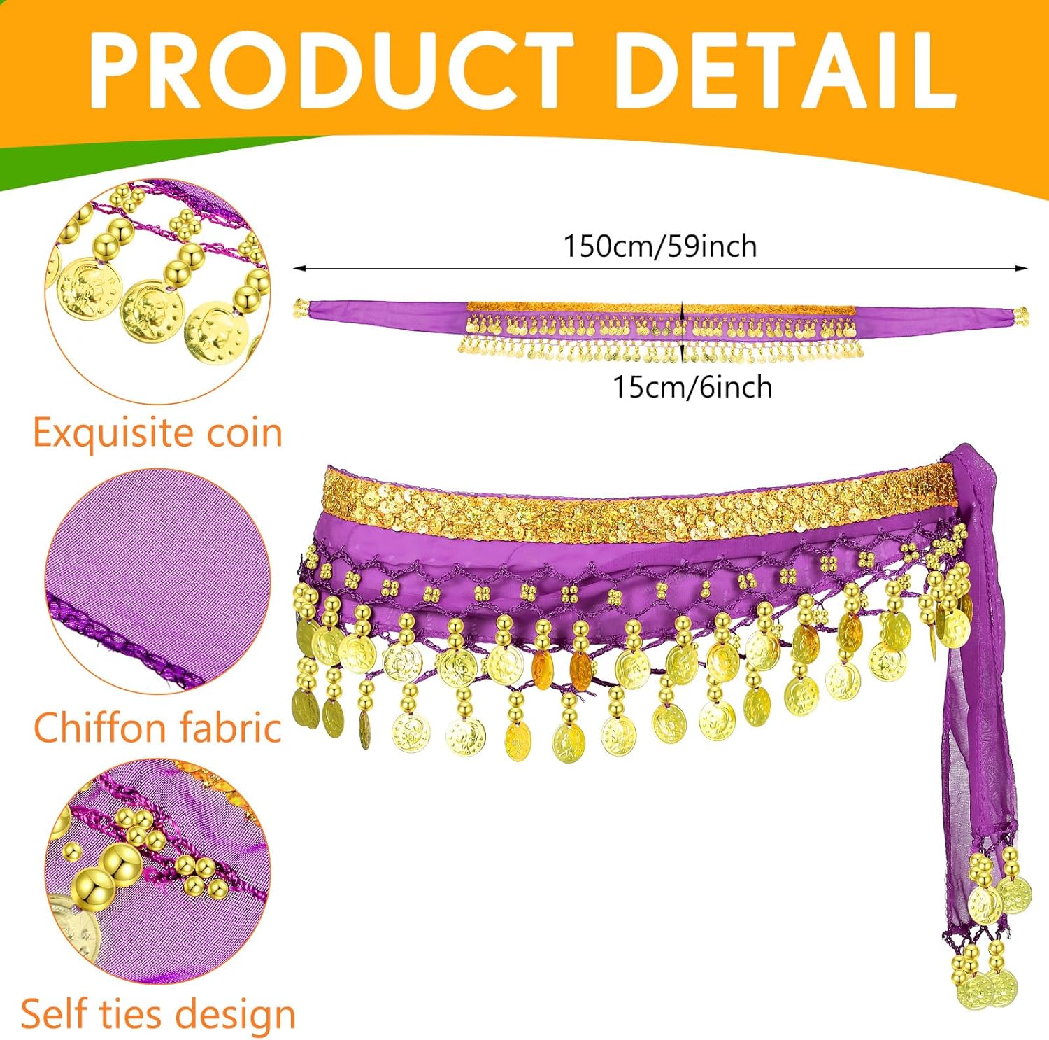 Zhanmai 12 Pcs Belly Dance Hip Scarf Belt with 98 Coins Belly Dancing Skirt Chiffon 12 Colors Dancer Hip Scarves - Image 2
