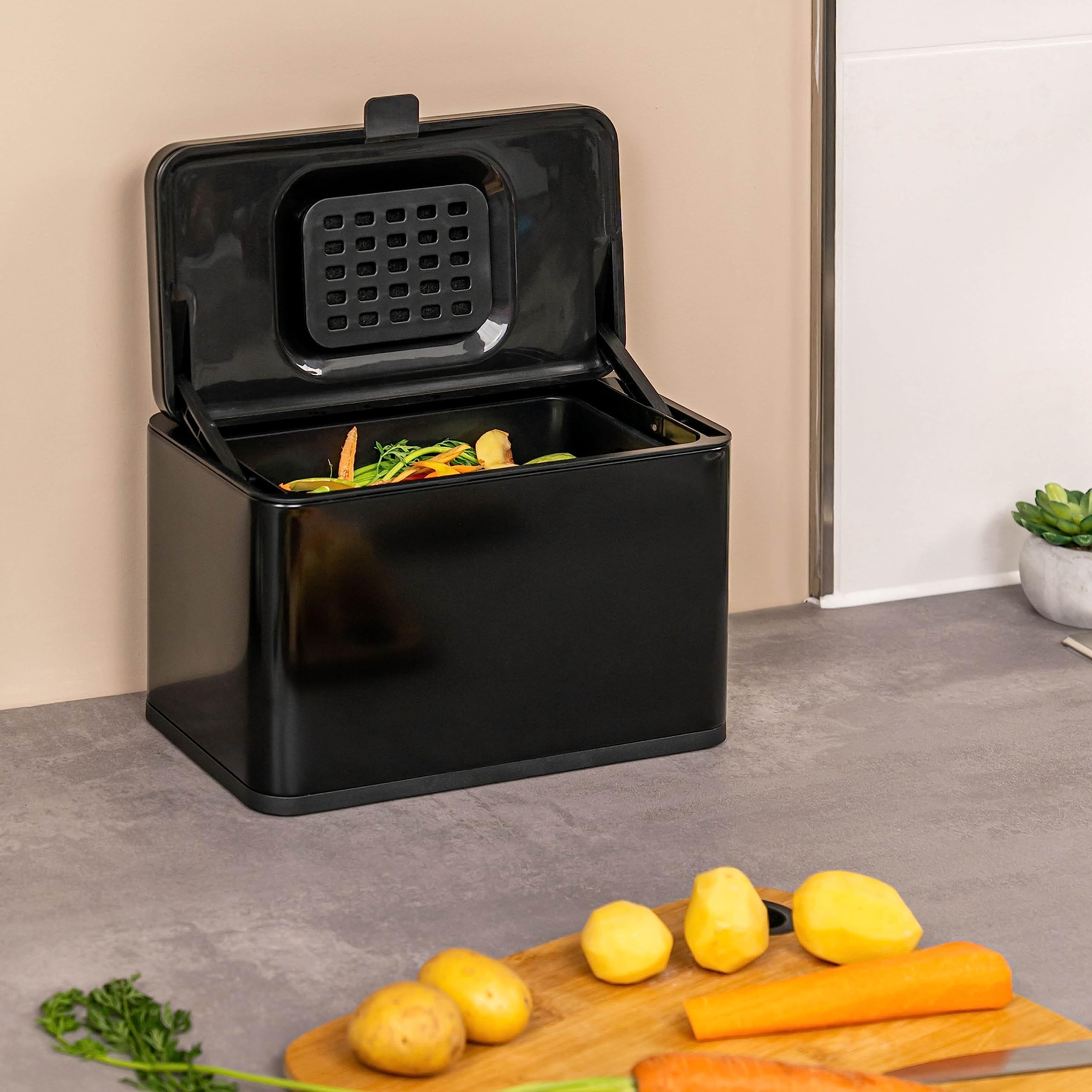 eluno Poubelle Bio 3 l avec Filtre Anti-odeurs, à Suspendre, Poser ou Coller, Seau à Compost, 3 Modes de Montage (Noir)