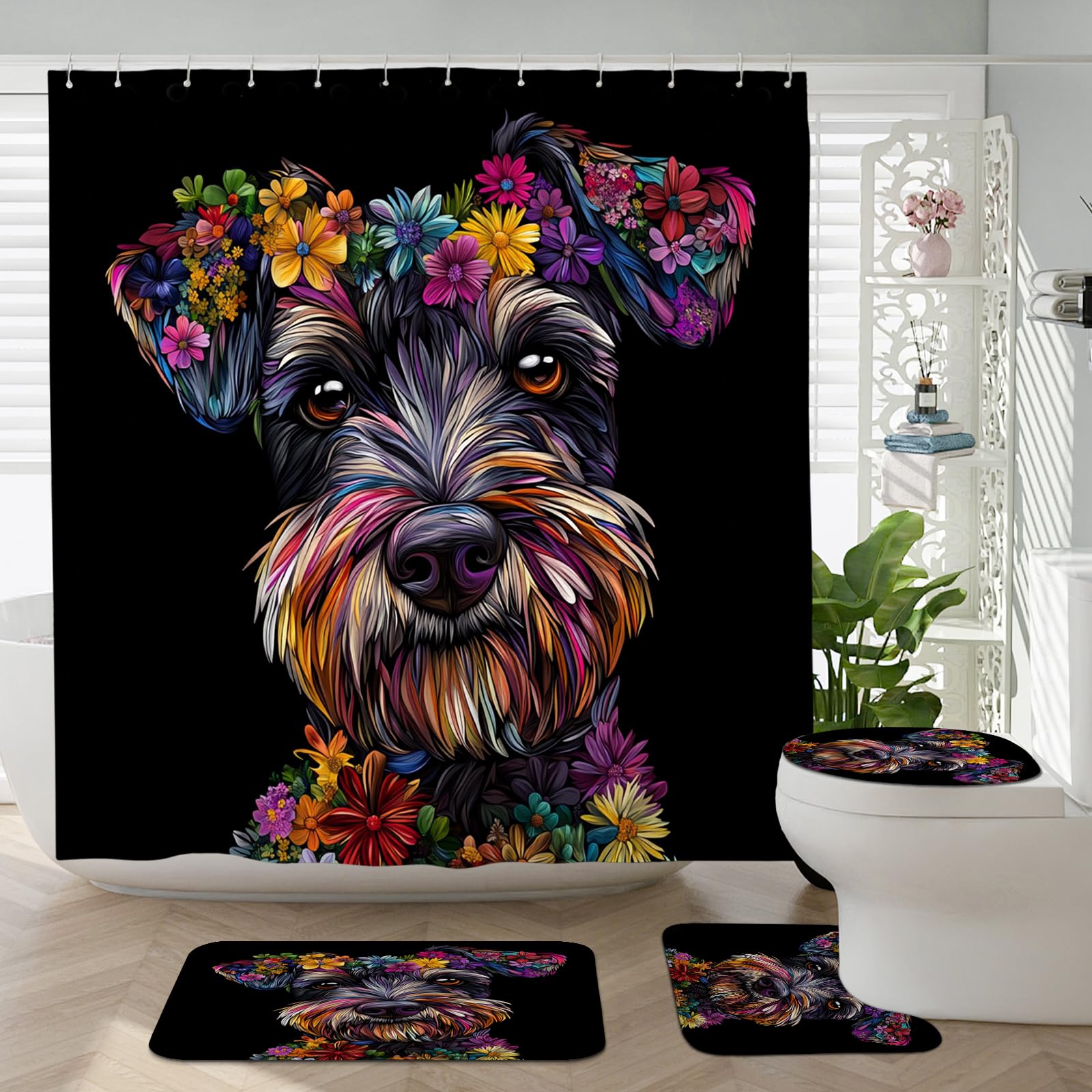 4PCS Spring Schnauzer Dog Bathroom Accessory Sets with Non-Slip Rug, U Shape and Toilet Lid Cover Mat, Flower Floral Art Black Bathroom Fabric Decor-72''x72''