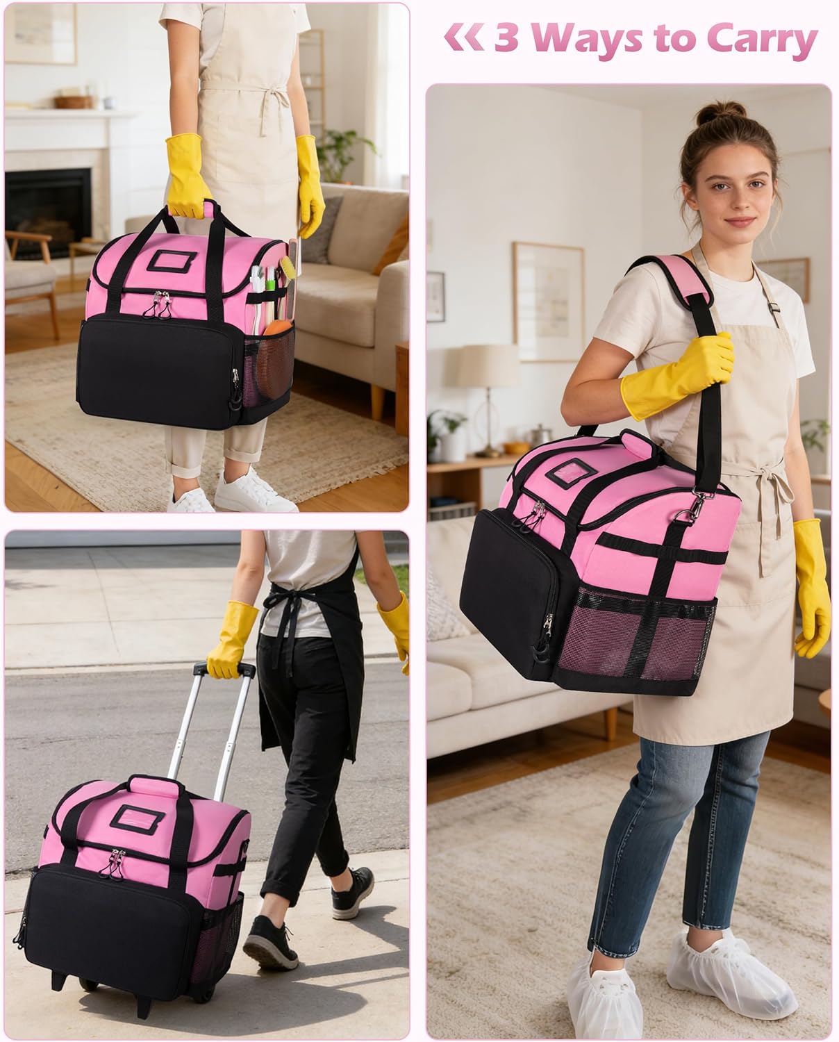 Large Rolling Cleaning Caddy Bag with Detachable Trolley, Cleaning Supplies Organizer with Wheels for Housekeepers, Pink - Image 5