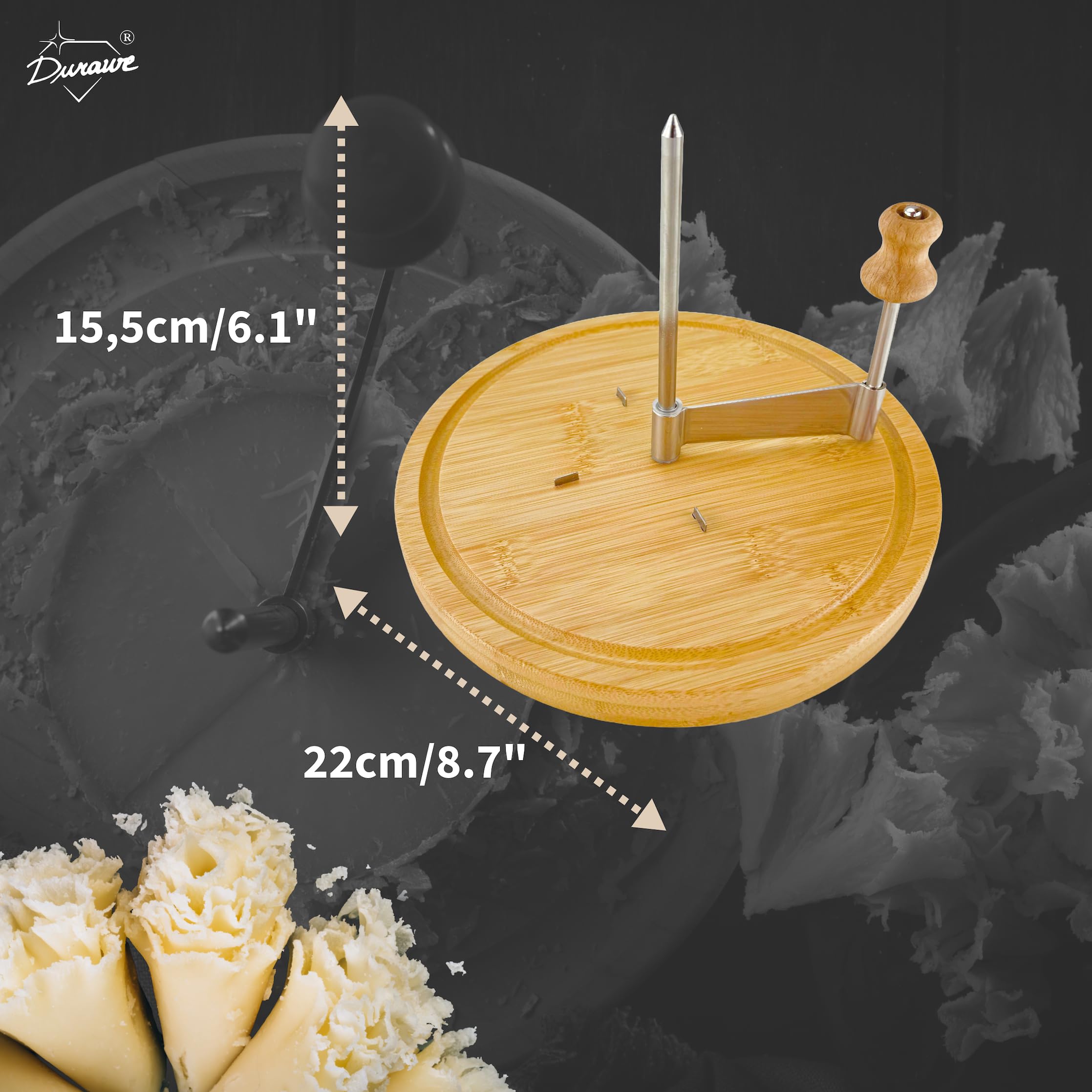 Girolle per formaggio Fraiseur in bambù Ø 22 cm con lama in acciaio inox – raschietto rotativo per Tête de Moine, fiori di formaggio e scaglie di cioccolato – robusto, decorativo, idea regalo