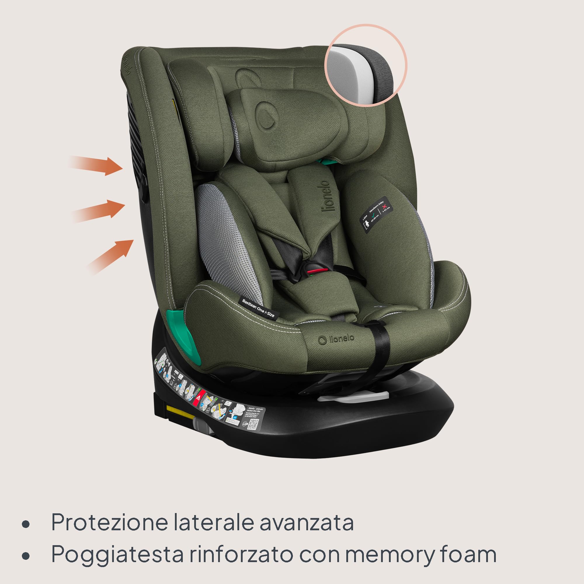Lionelo Bastiaan i-Size Seggiolino Auto Evolutivo 4-in-1 per bambini 0-12 Anni (40-150 cm) ISOFIX e l'ultima Norma R129 Opzione Rivolto All'indietro, 21 Regolazioni, Girevole 360° Protezione Laterale