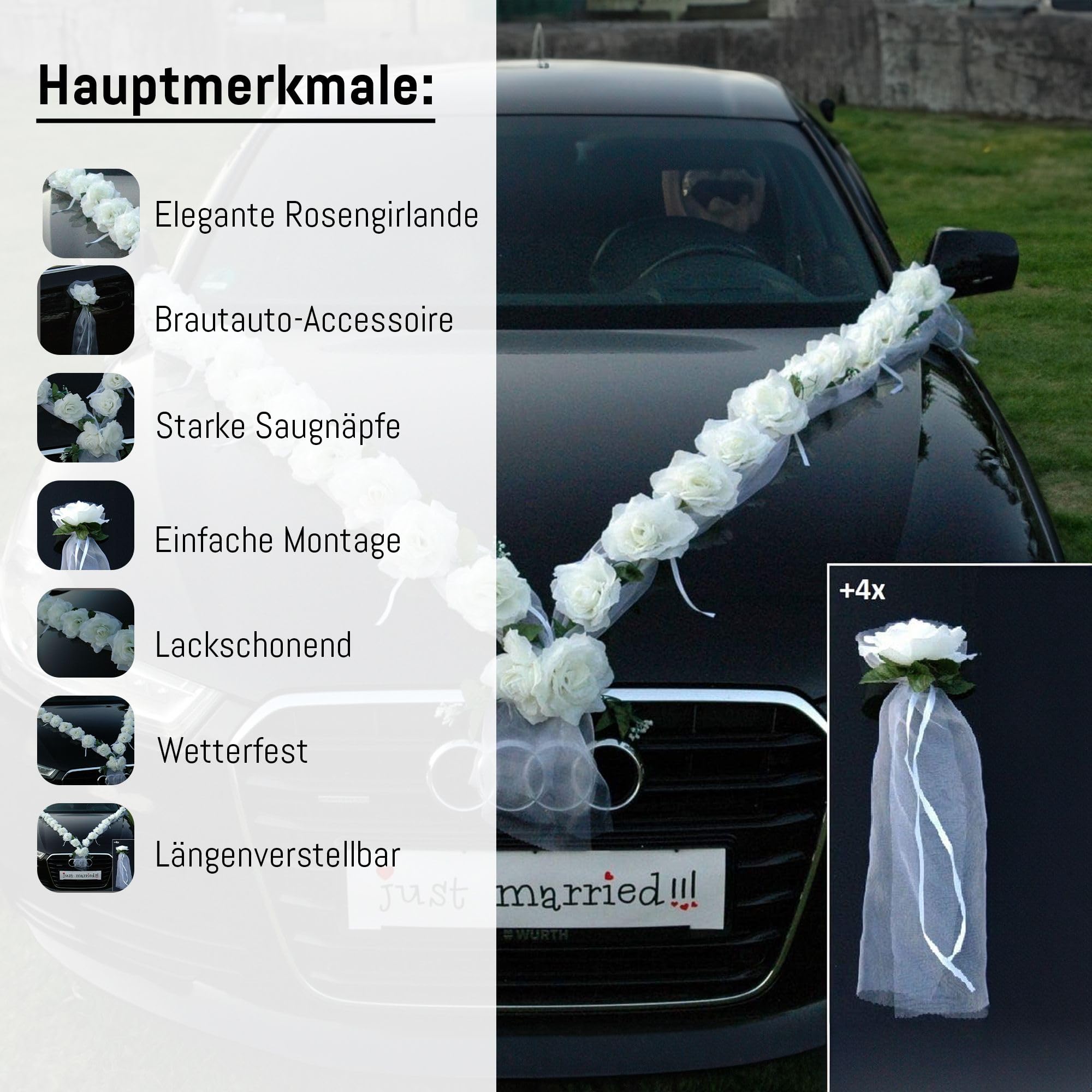 Rosen Girlande Braut Paar Rose Deko Dekoration Autoschmuck Hochzeit Car Auto Wedding ®Auto-schmuck Deko (Weiß/Weiß)