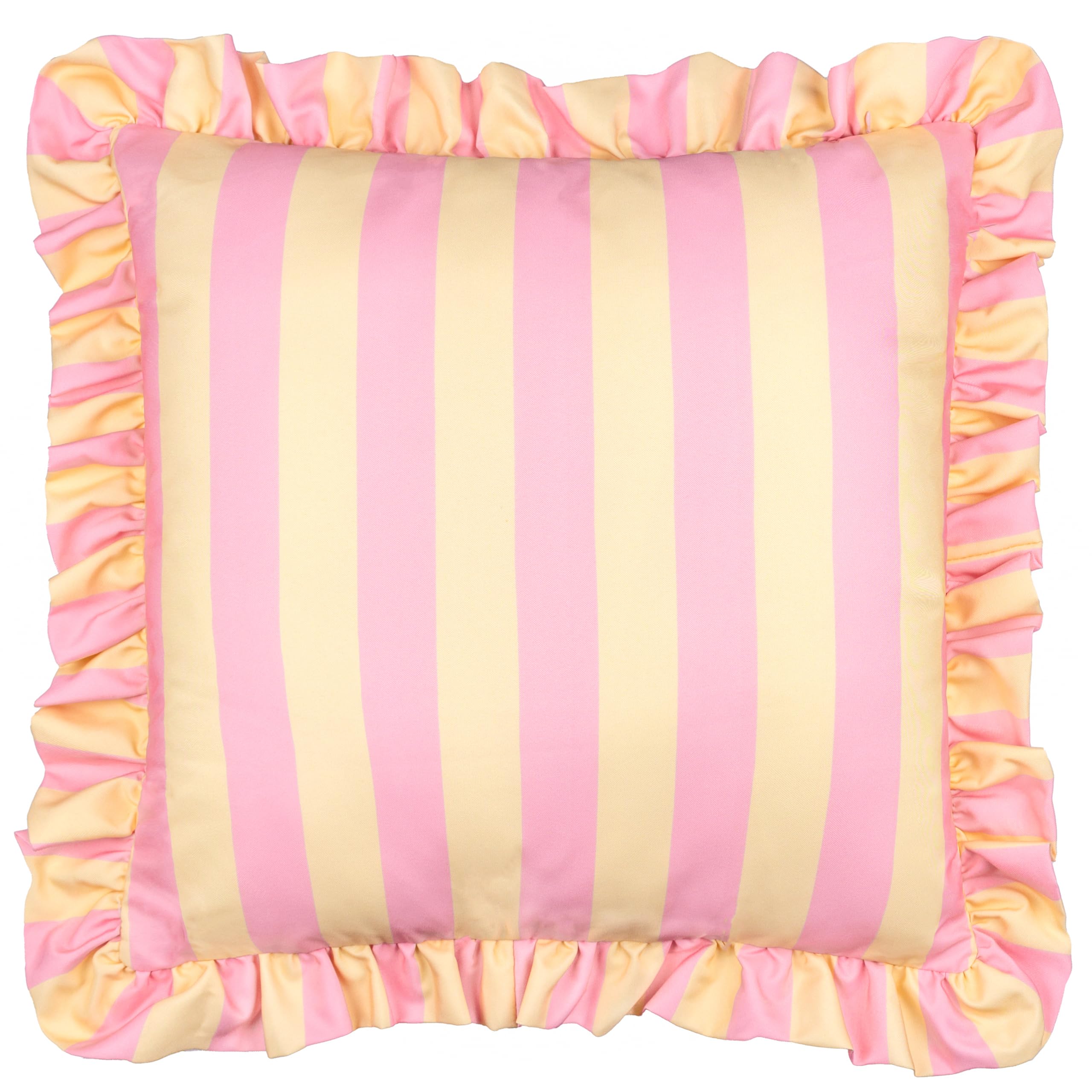 Furn. Pink/Yellow Palm Royale Stripe Cushion Cover – Water Resistant Bold Striped Ruffle Trim Outdoor Decorative Case ( – 50X50cm)