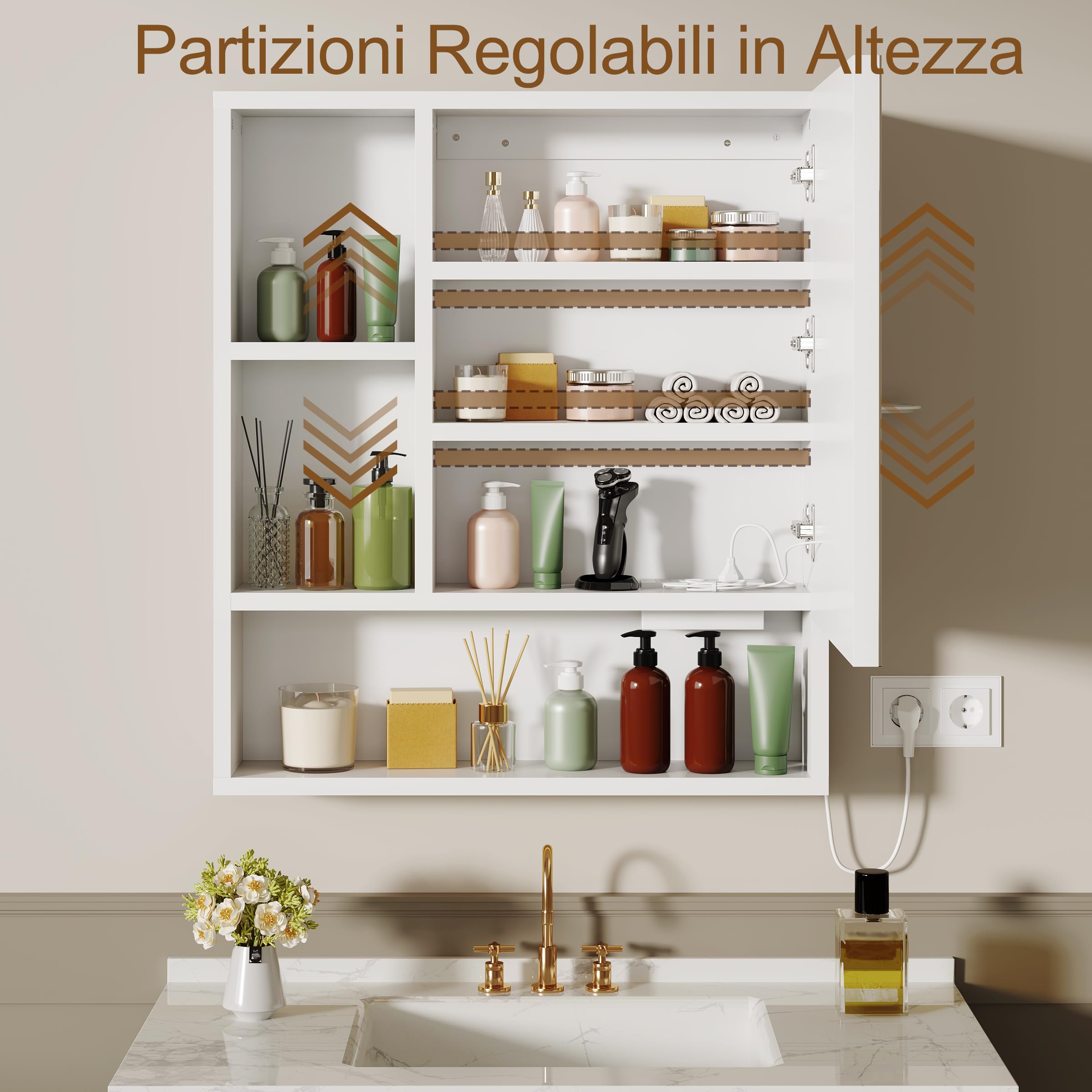 Specchio Bagno Contenitore con 3 Colori Luce e 2 AC/3 USB, Armadio Specchio Bagno con Deumidificazione con 1 Tocco e Funzione di Memoria & con Mensola Regolabile(70x80x16 cm,Bianco)