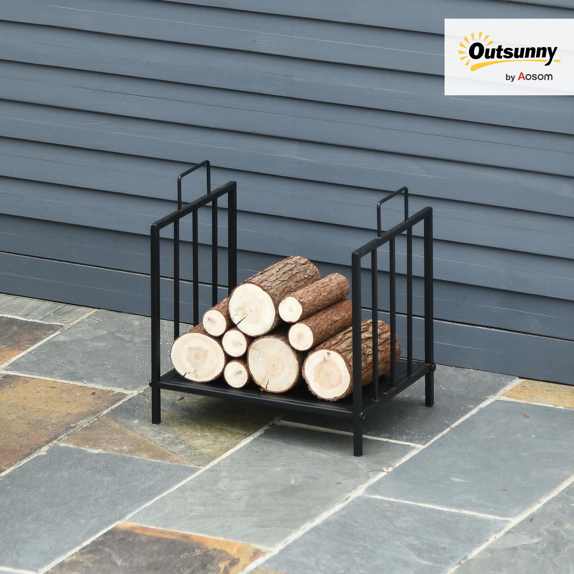 Outsunny Estante de Leña para Chimenea Tradicional Leñero Interior y Exterior Almacenaje para Madera Soporte para Leña con Asas Diseño Elevado 44,5x33x46,5 cm Negro
