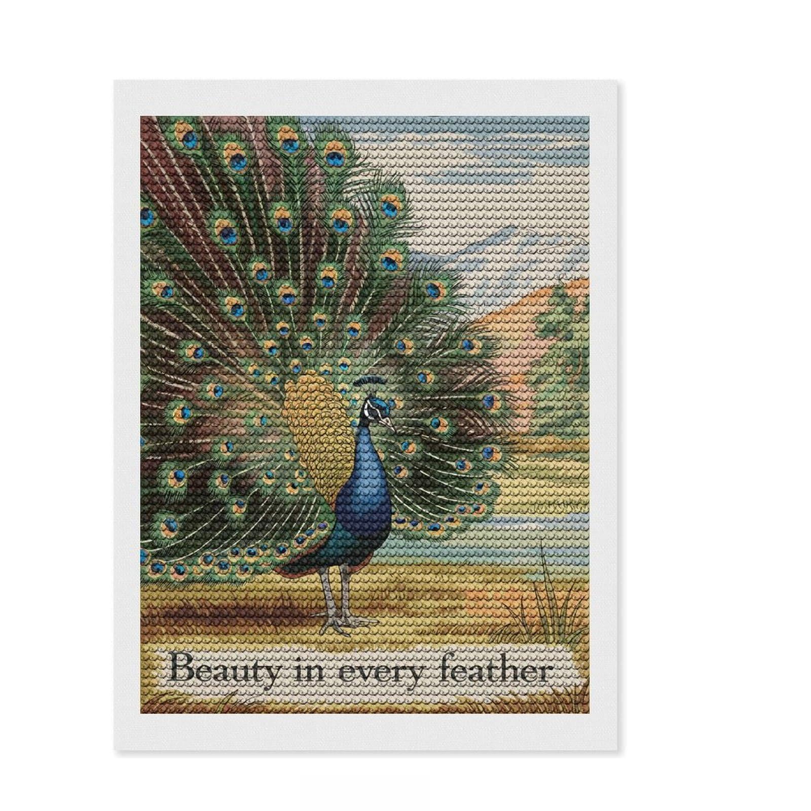 Junmoney Peacock with Spread Feathers Diamond Painting Kit 12"x16", Home Wall Decor, for Women, Creative Leisure Activity, Festive Craft Gift