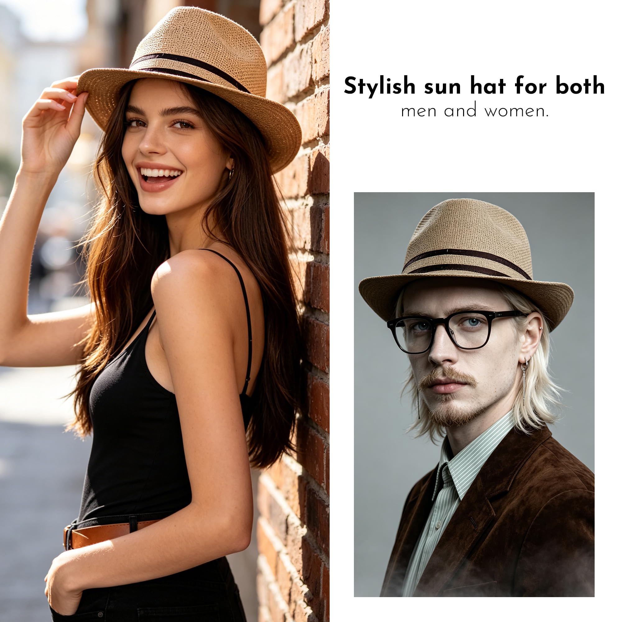 Fedora Chapeau unisexe en paille avec ruban décoratif, élégant et respirant pour l'été, idéal pour la plage, les voyages ou les tenues décontractées