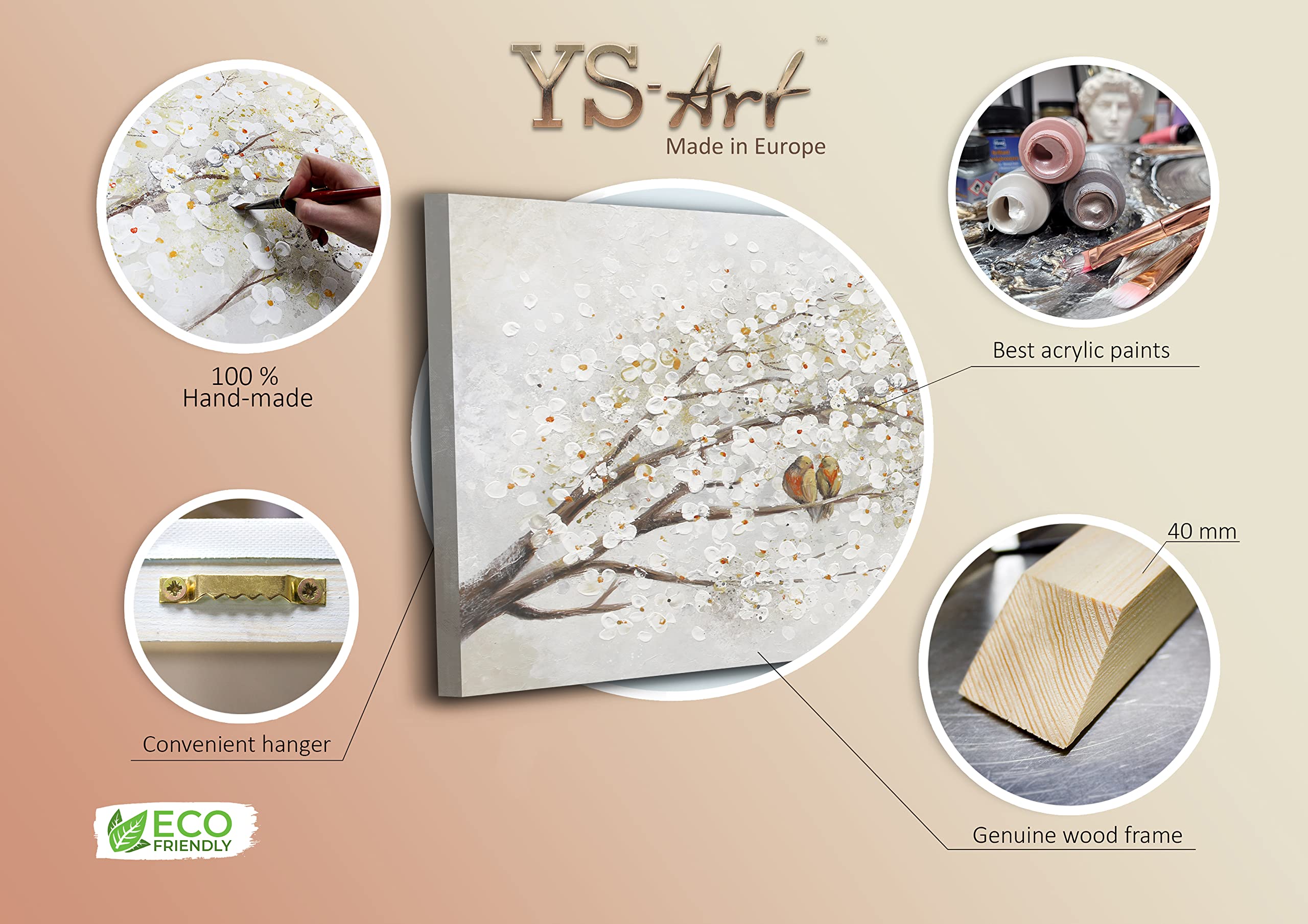 YS-Art Tableau Fleur de Cerisier Blanc avec Oiseaux, Peinture Acrylique Faite Main sur Toile pour Chambre Entrée Hôtel 200x100 cm