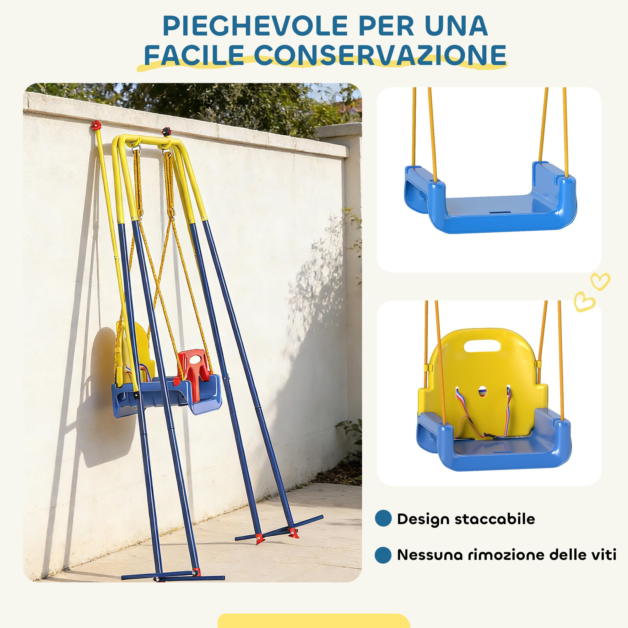 AIYAPLAY Altalena da Giardino per Bambini 3 in 1 9 Mesi-8 Anni Blu | Altalena per Neonato da Interno e Esterno, Altezza Regolabile, Supporti in Acciaio Pieghevoli, Cintura Sicurezza