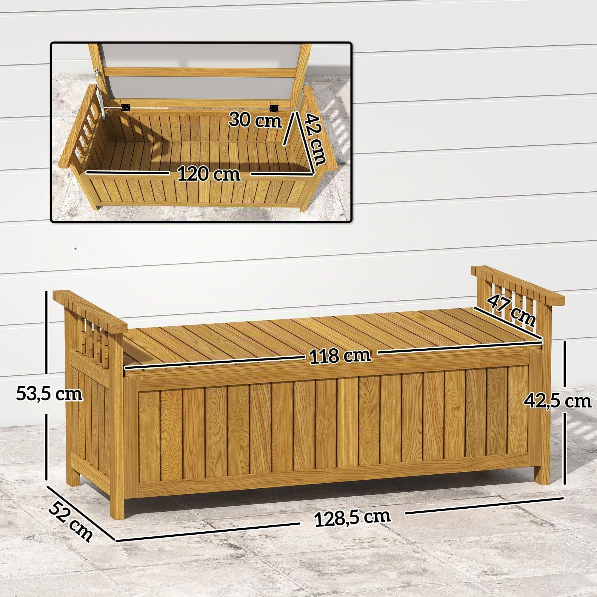 Outsunny Panchina esterno legno con cassetto 128,5x52,1x53,6 cm marrone | Cassetta da ingresso da 40 galloni, braccioli, panca contenitore, per patio, giardino, balcone.