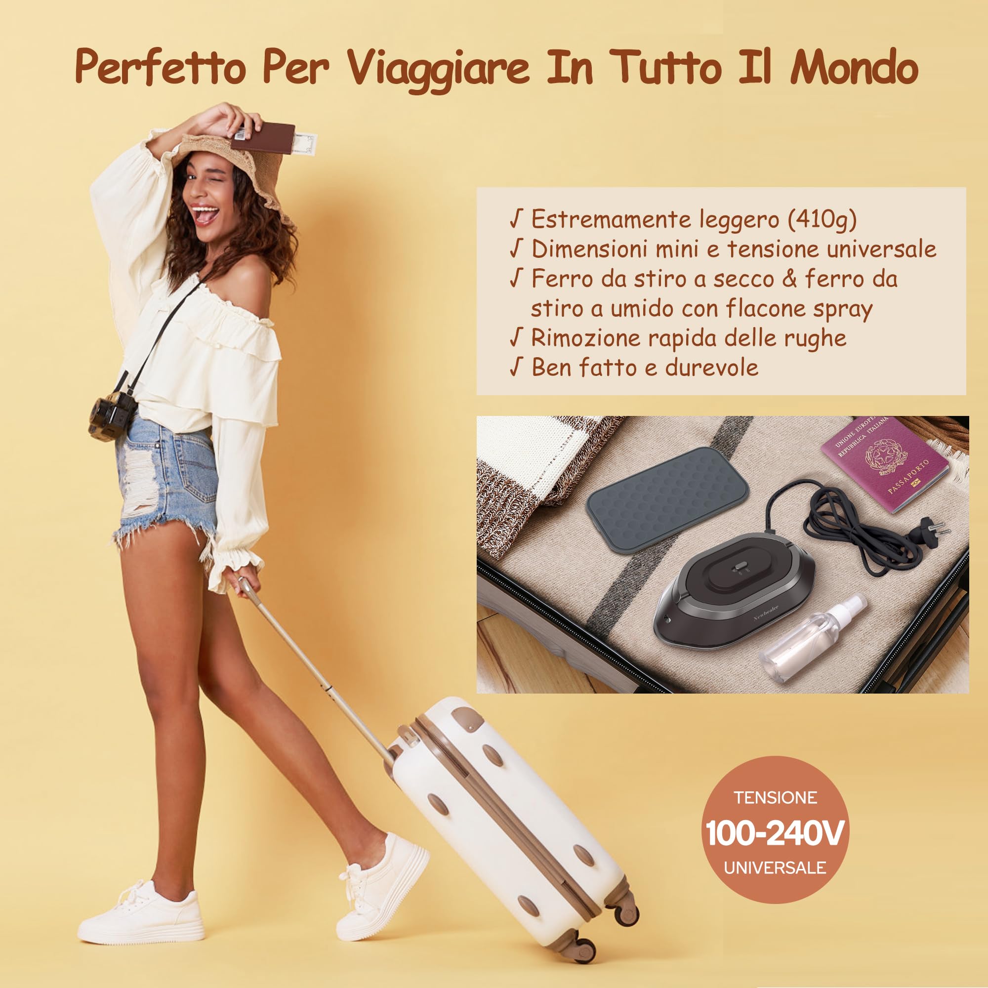 Newbealer Ferro da Stiro da Viaggio, Ferro da Viaggio Mini Portatile Leggera Compatto senza Vapore, Stirare i Vestiti, Tensione Universale 100-240V, Marrone