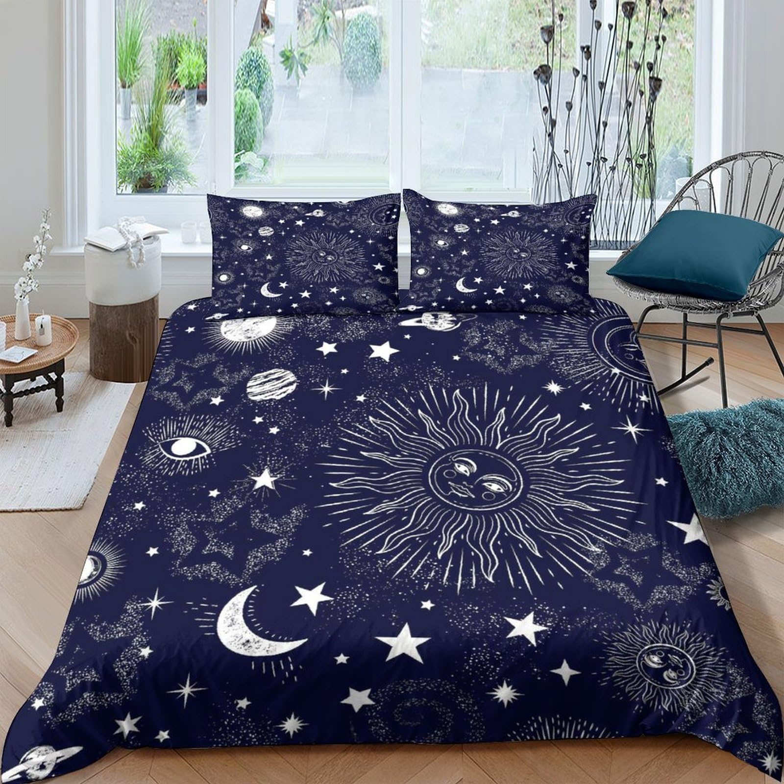 Ctjqhvkz Style-10 3D Printed Sun Moon Fitted Sheet Microfiber Soft Dark Blue Starry Sky Mattress Cover For Bedroom Guest Room Decor Single（135X200cm）