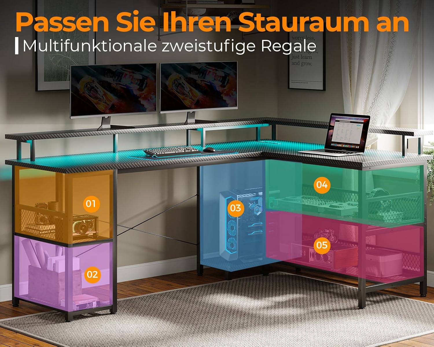 An L-shaped desk showing various storage compartments highlighted with colored boxes, indicating space for PC, books, and other items.