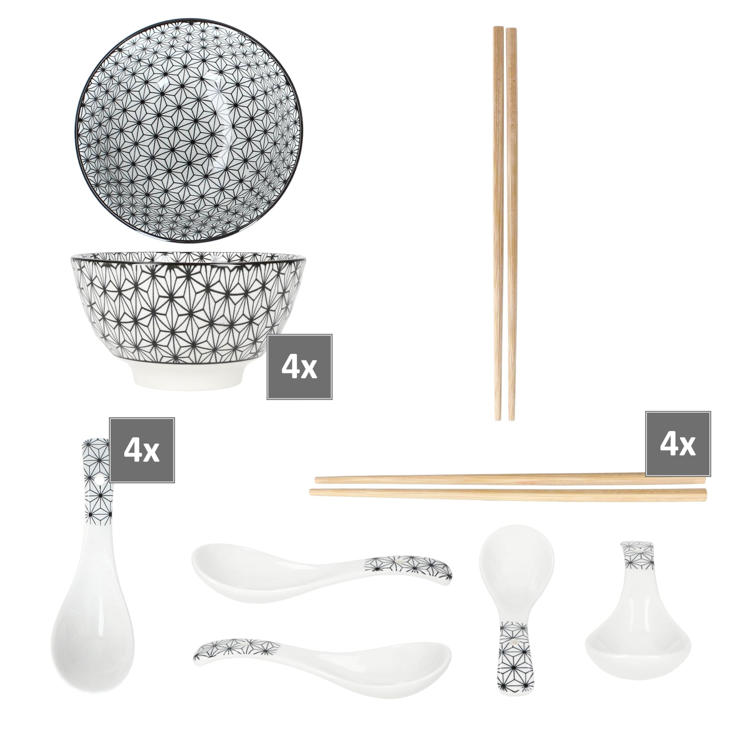 MamboCat Sushi Set für 4 Personen I asiatisches Geschirr Set aus Keramik & Bambus I schwarz weiß I je 4x Schale 230ml, Löffel & Stäbchen I für Sushi, Ramen & Suppen I Reis-Bowl