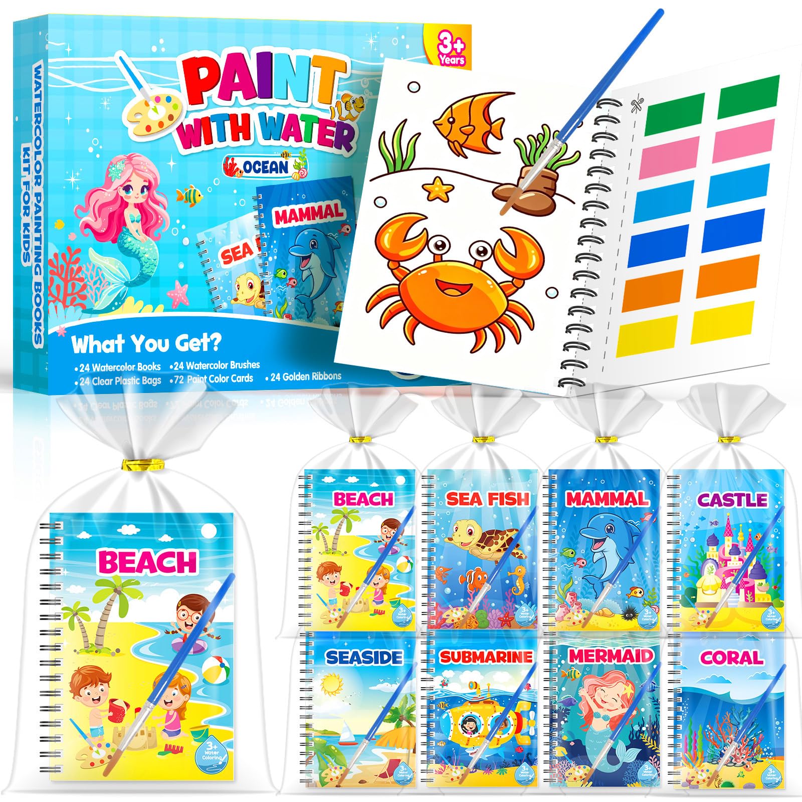 LIKYMO Water Colouring Books, Party Bags Fillers for Kids – Mini Colouring Books, Water Painting Books for Kids, Class Gifts, Birthday Return Gifts for Ages 4-9 (24 Ocean)